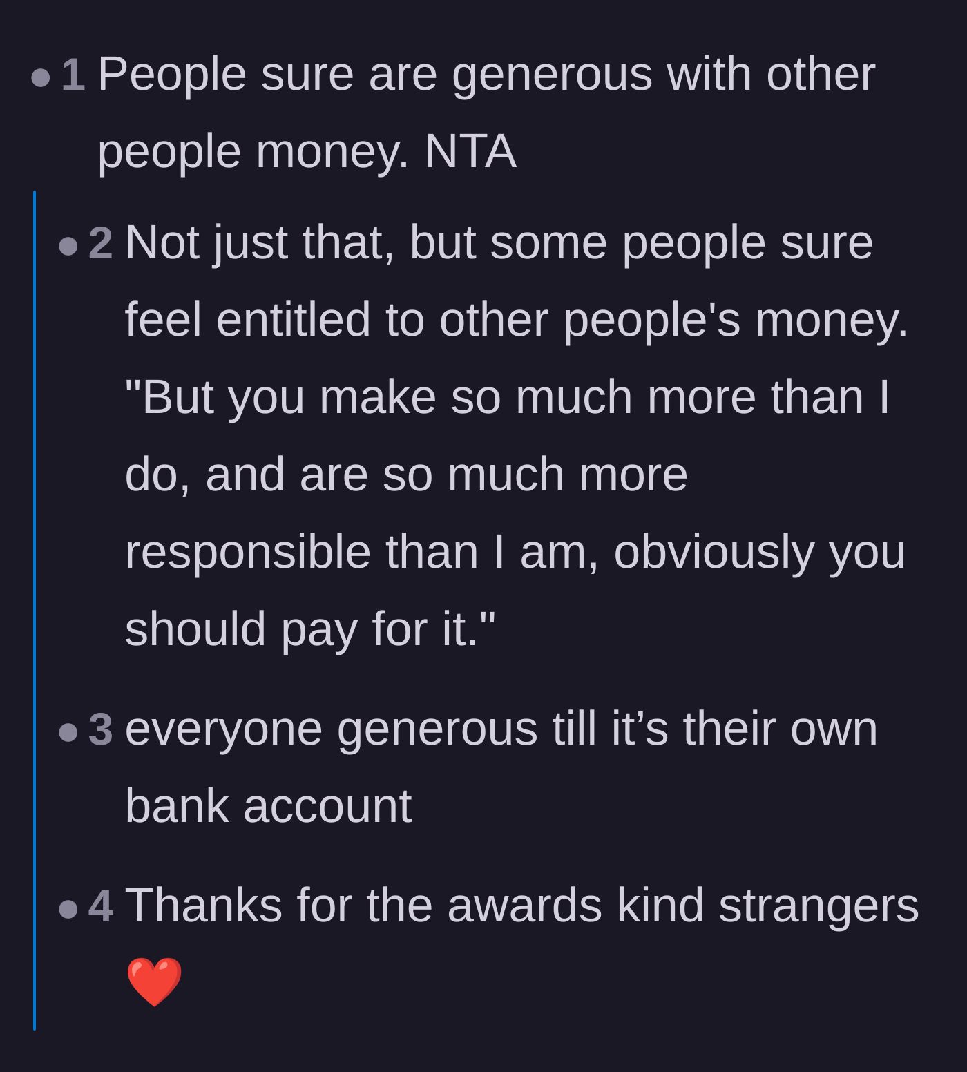 Comment thread 1 - Discussing how easily people volunteer to spend someone else's savings.