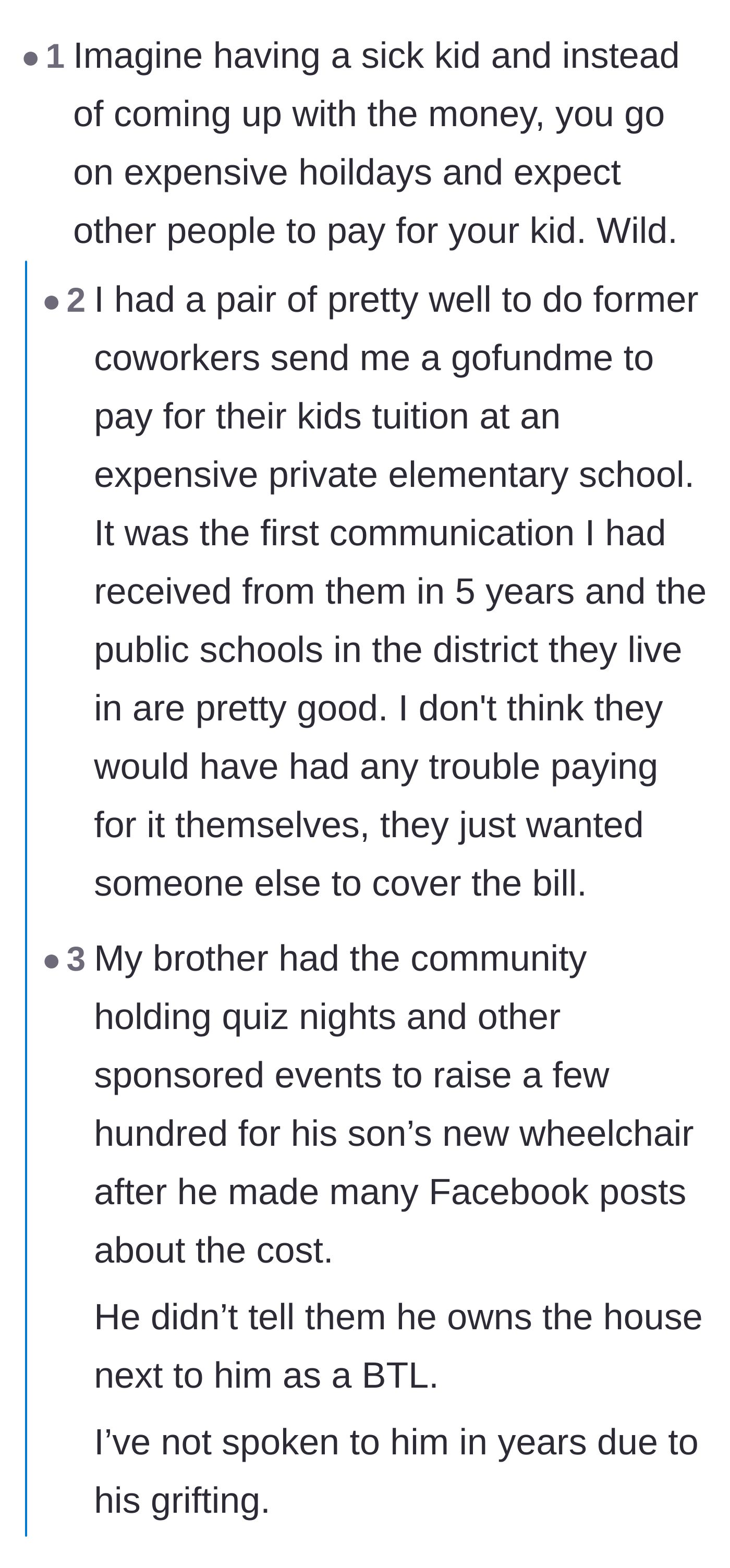 Comment thread 2 - Sharing stories of other entitled parents and grifters crowd-funding their luxury lifestyles.