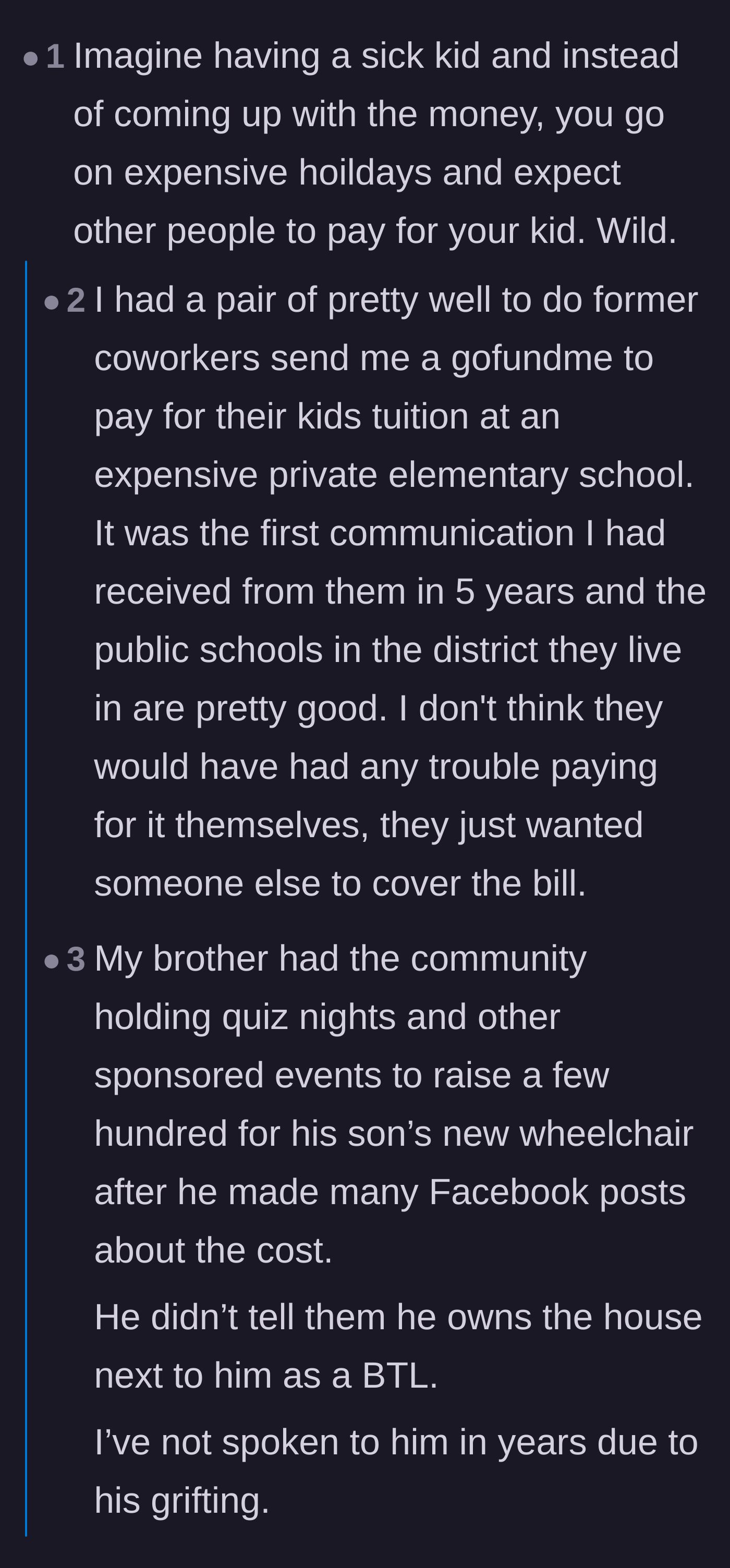 Comment thread 2 - Sharing stories of other entitled parents and grifters crowd-funding their luxury lifestyles.