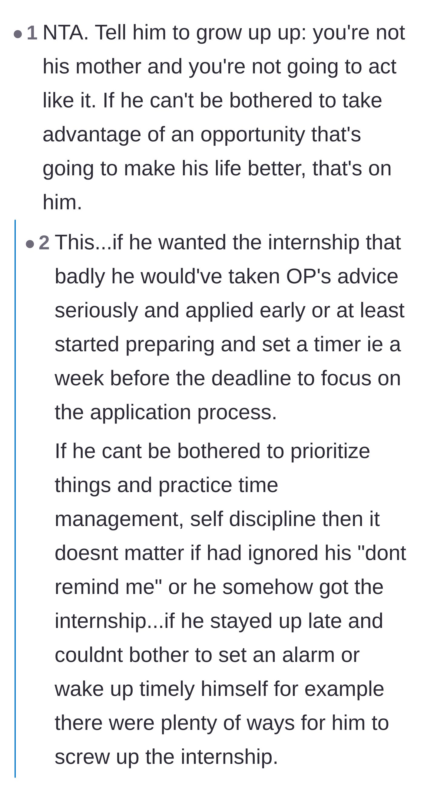 Comment thread 6 - Detailed breakdown of how the brother's lack of basic time management would make him a terrible employee.