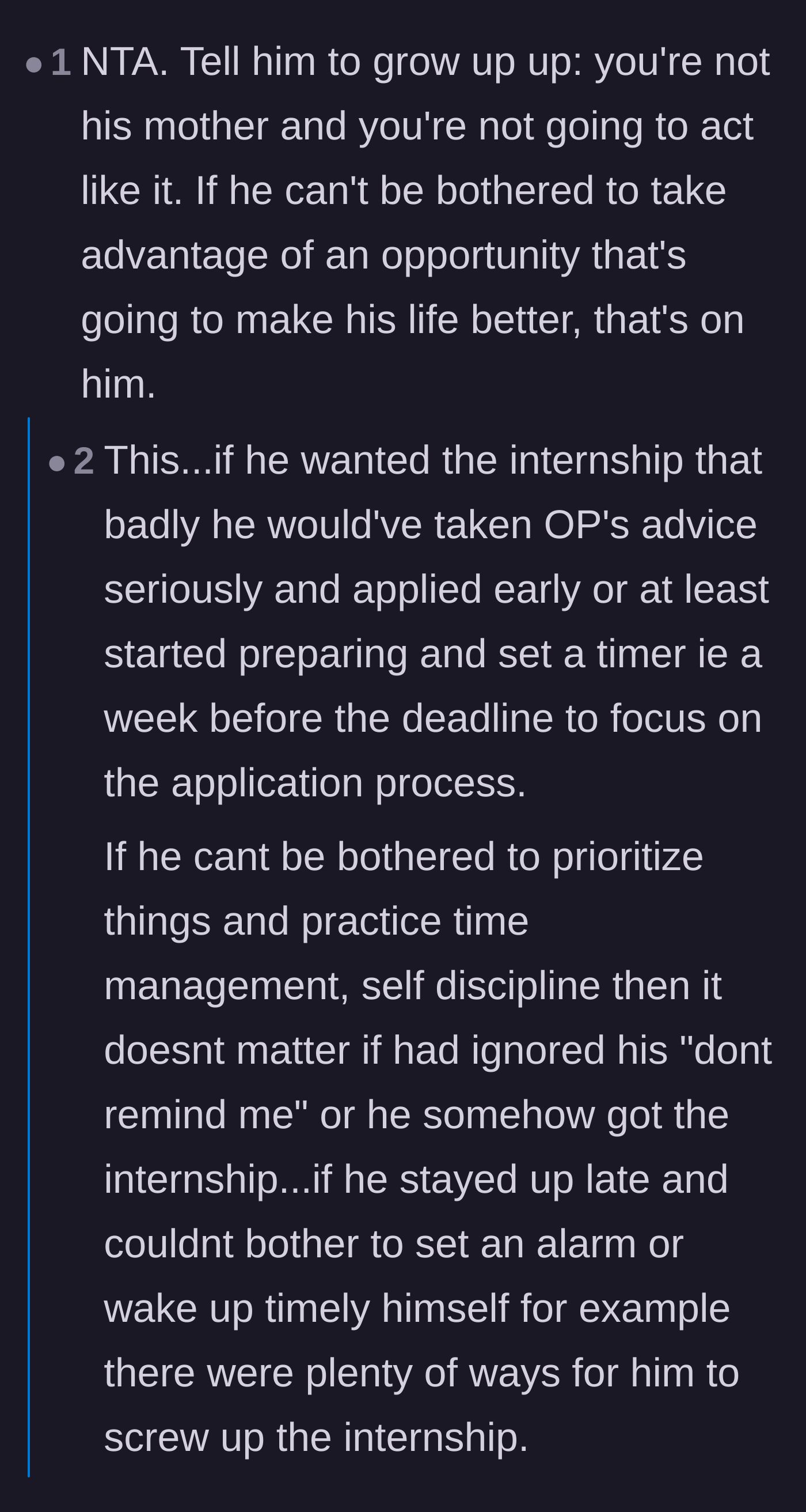 Comment thread 6 - Detailed breakdown of how the brother's lack of basic time management would make him a terrible employee.