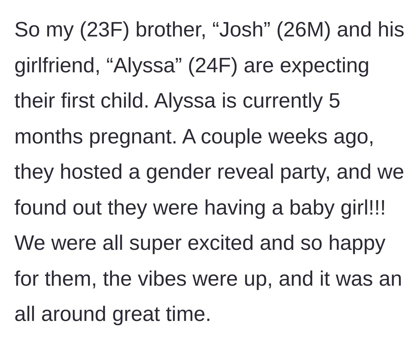 Story part 1 - A couple hosts a joyous gender reveal party to announce they are having a baby girl.