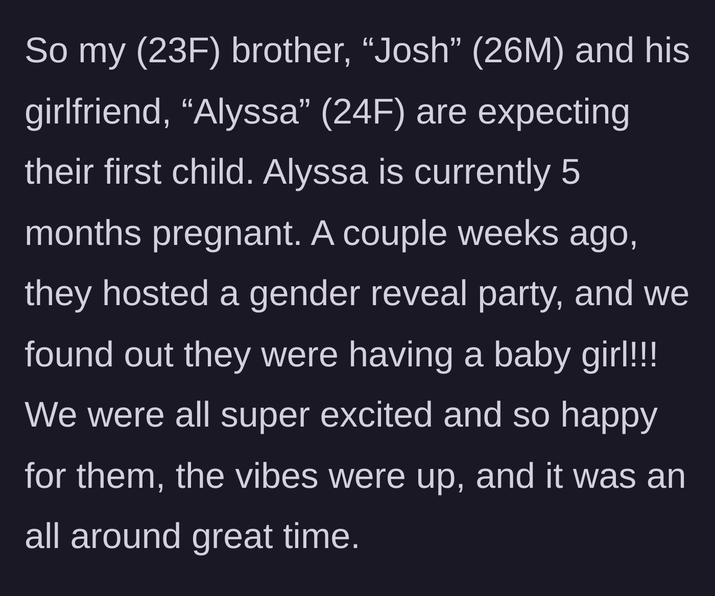 Story part 1 - A couple hosts a joyous gender reveal party to announce they are having a baby girl.