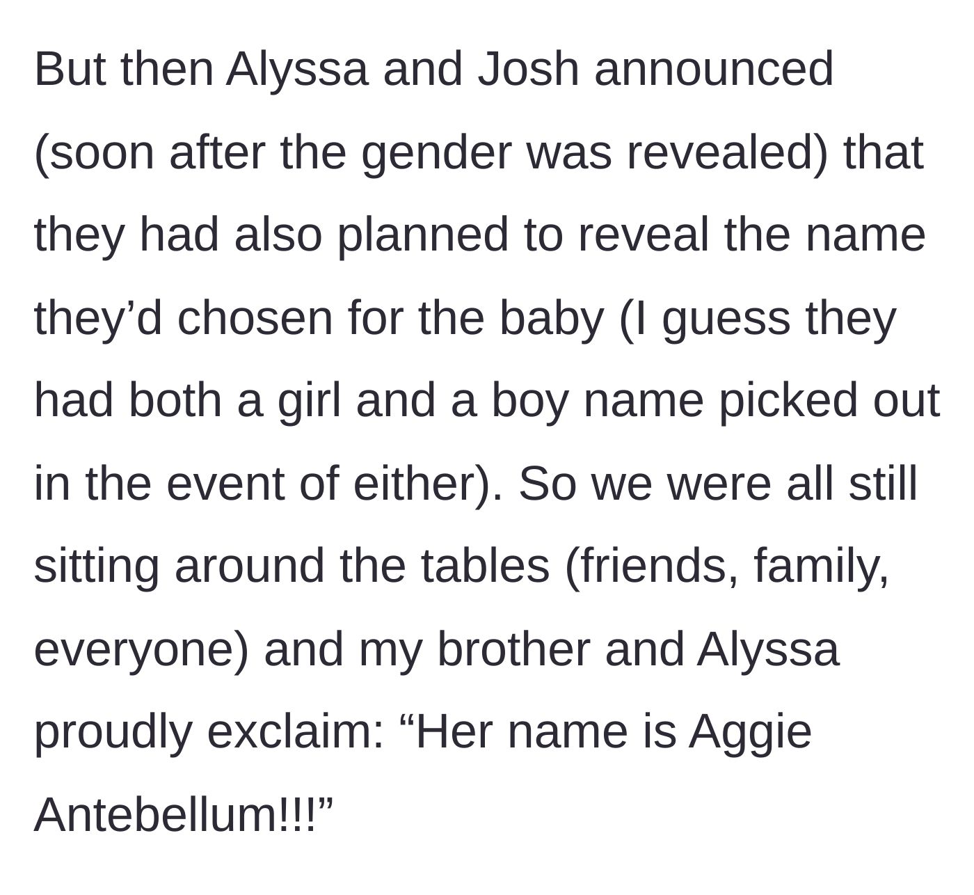Story part 2 - The expectant parents proudly announce their daughter's highly controversial middle name to the stunned party.
