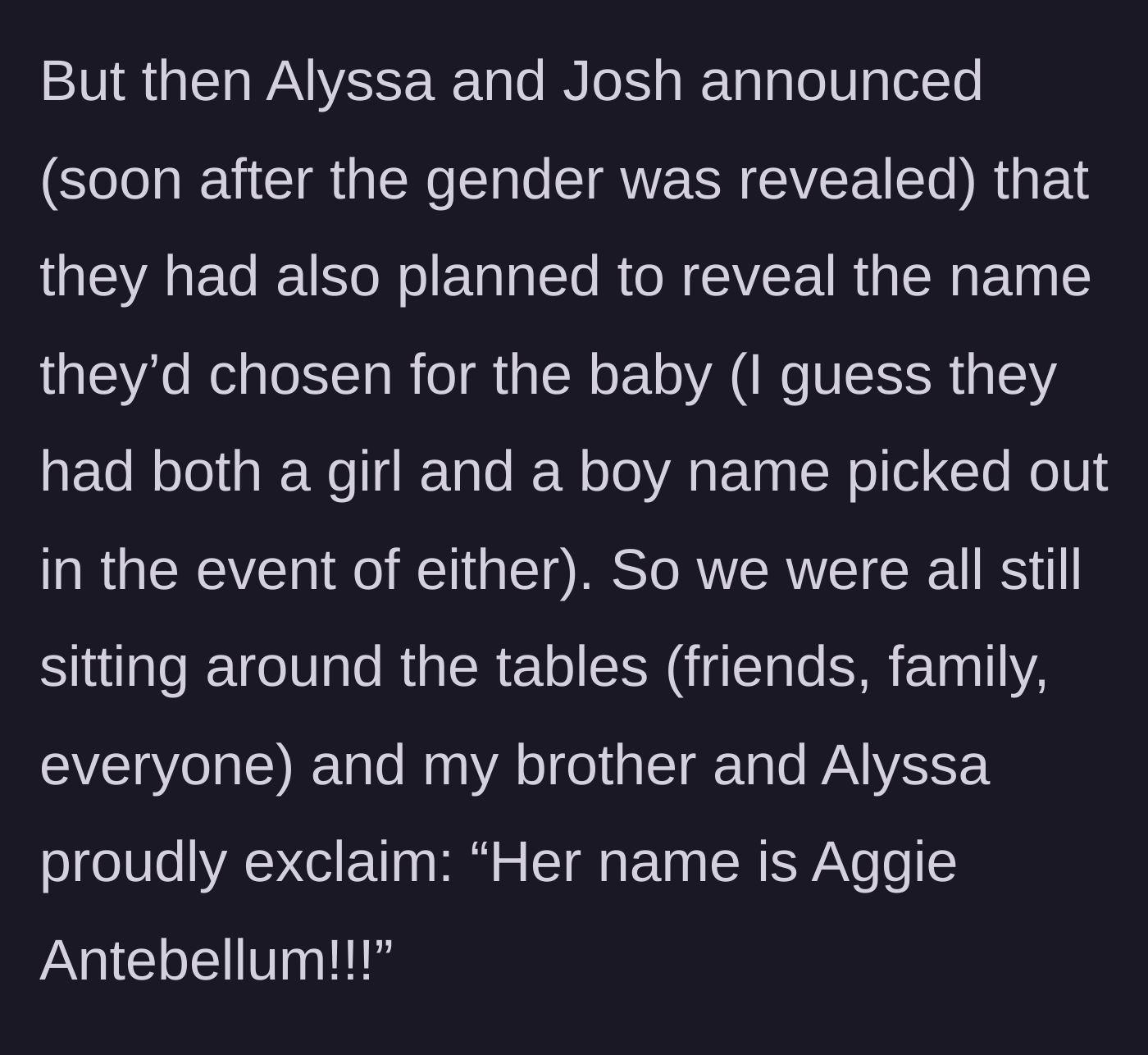Story part 2 - The expectant parents proudly announce their daughter's highly controversial middle name to the stunned party.