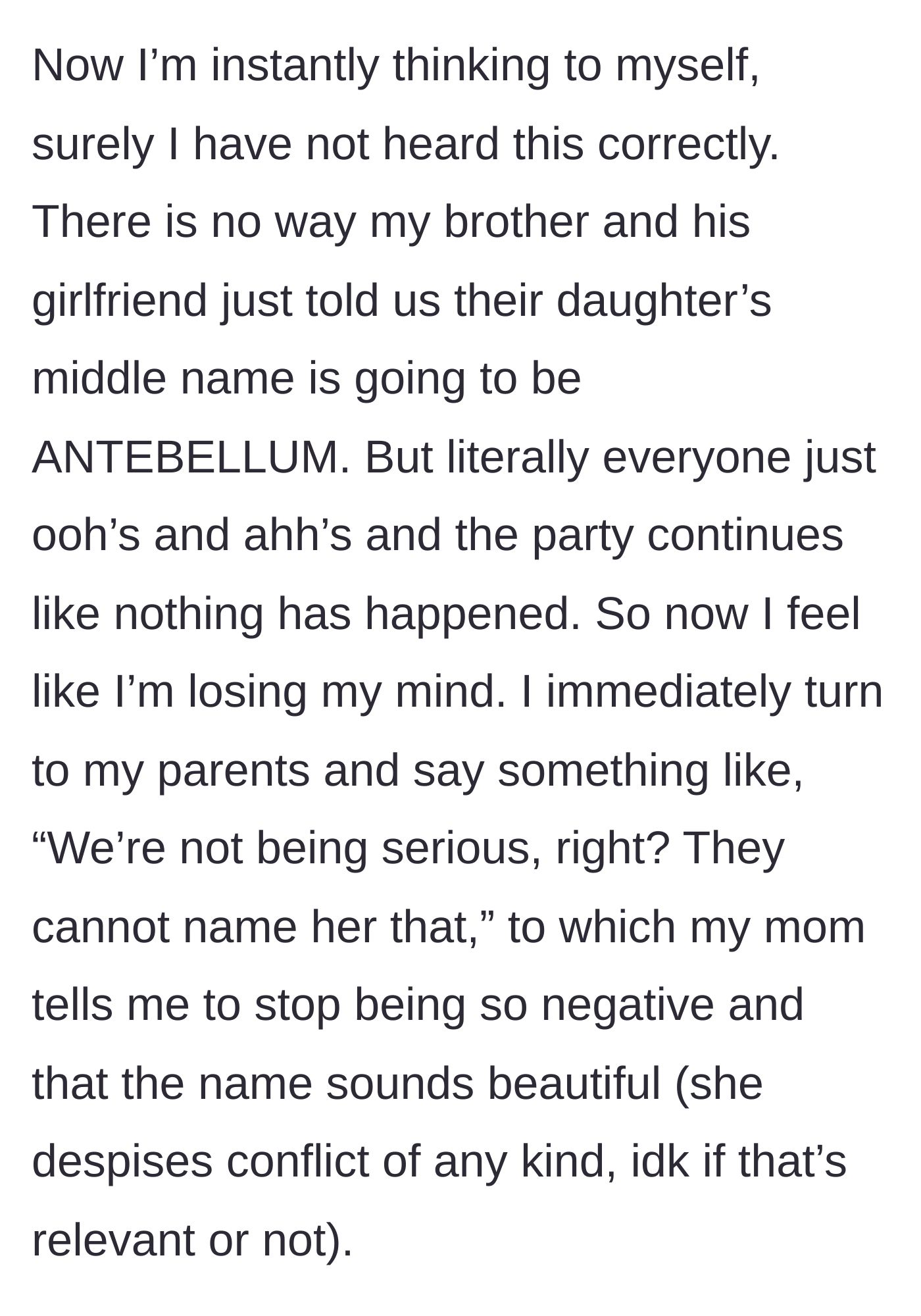 Story part 3 - The party guests react positively while the narrator questions her parents, only to be scolded by her conflict-avoidant mother.