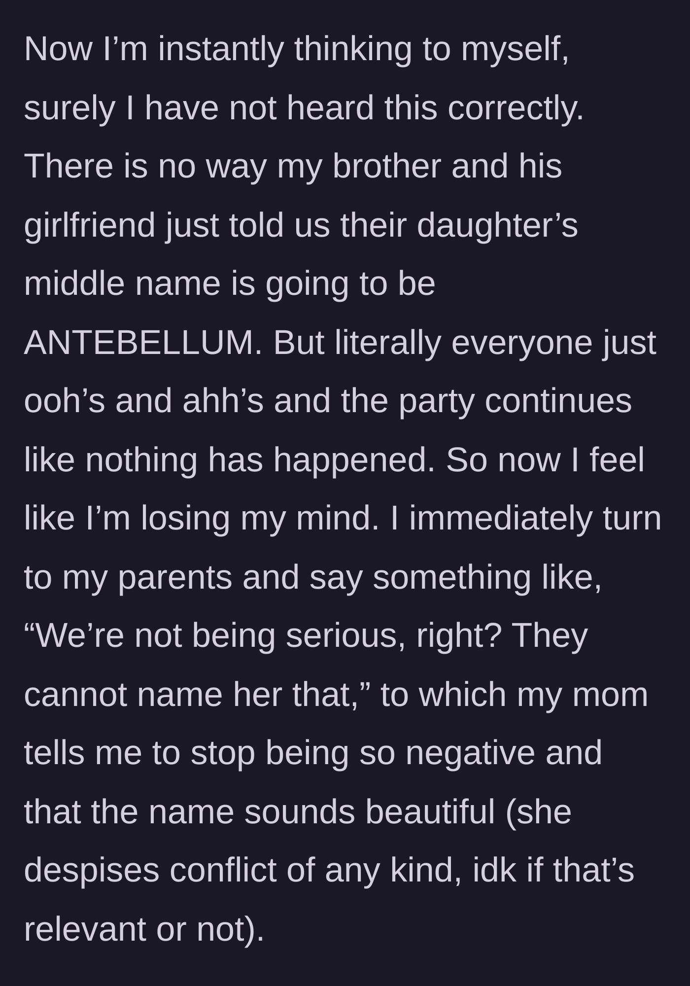 Story part 3 - The party guests react positively while the narrator questions her parents, only to be scolded by her conflict-avoidant mother.