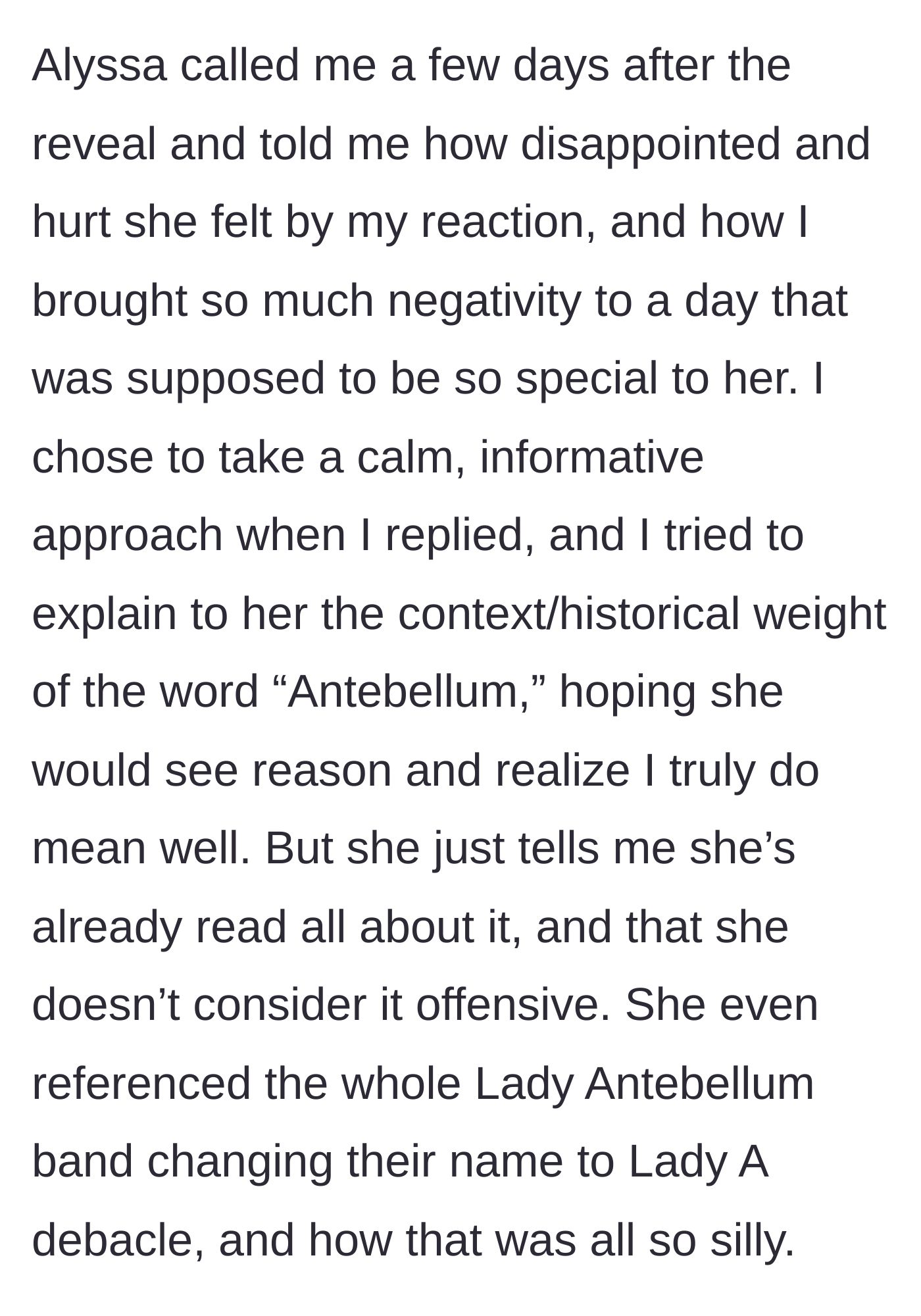 Story part 5 - The expectant mother confronts the narrator, dismissing the historical weight of the name because she thinks the controversy is silly.