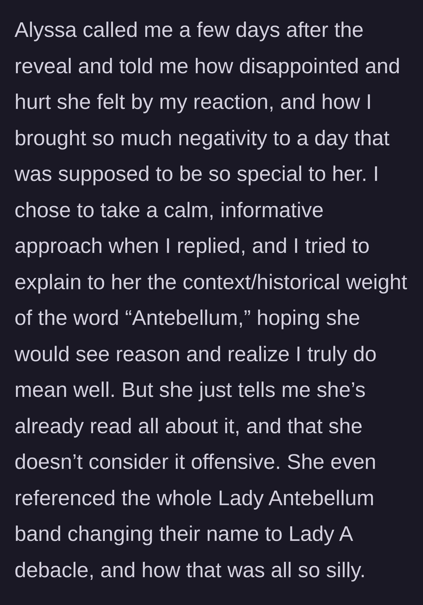 Story part 5 - The expectant mother confronts the narrator, dismissing the historical weight of the name because she thinks the controversy is silly.