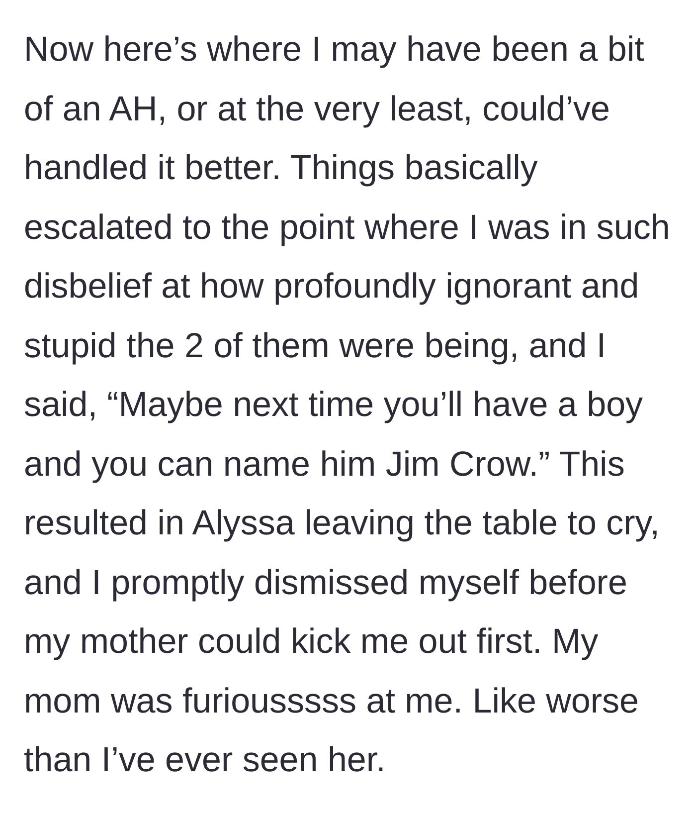 Story part 8 - The narrator delivers a brutal, sarcastic name suggestion, causing the expectant mother to cry and the narrator to leave the dinner.