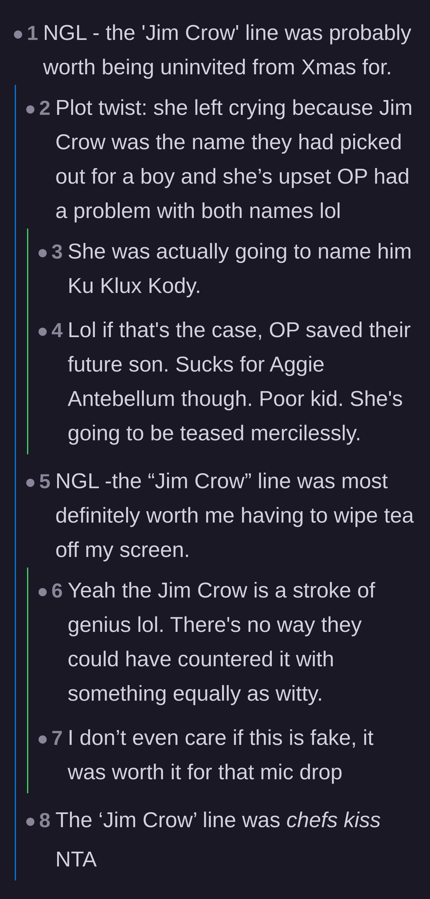Comment thread 1 - Readers praising the narrator's sarcastic name suggestion and joking about the consequences.