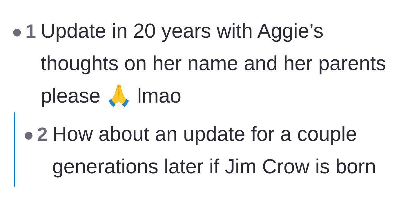 Comment thread 4 - A reader begging for a future update when the child is old enough to understand her own name.