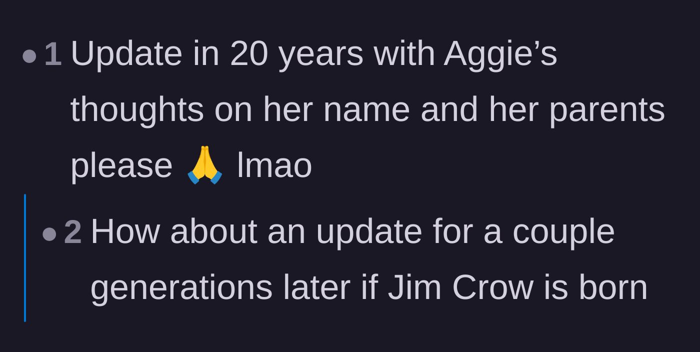 Comment thread 4 - A reader begging for a future update when the child is old enough to understand her own name.