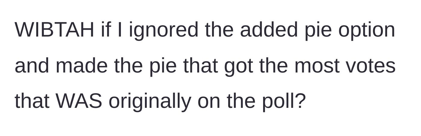 Story part 3 - The baker wonders if they would be in the wrong for ignoring the winning write-in flavor and baking the top-voted pie from their original list instead.