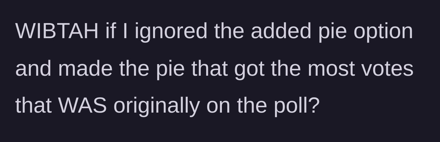 Story part 3 - The baker wonders if they would be in the wrong for ignoring the winning write-in flavor and baking the top-voted pie from their original list instead.