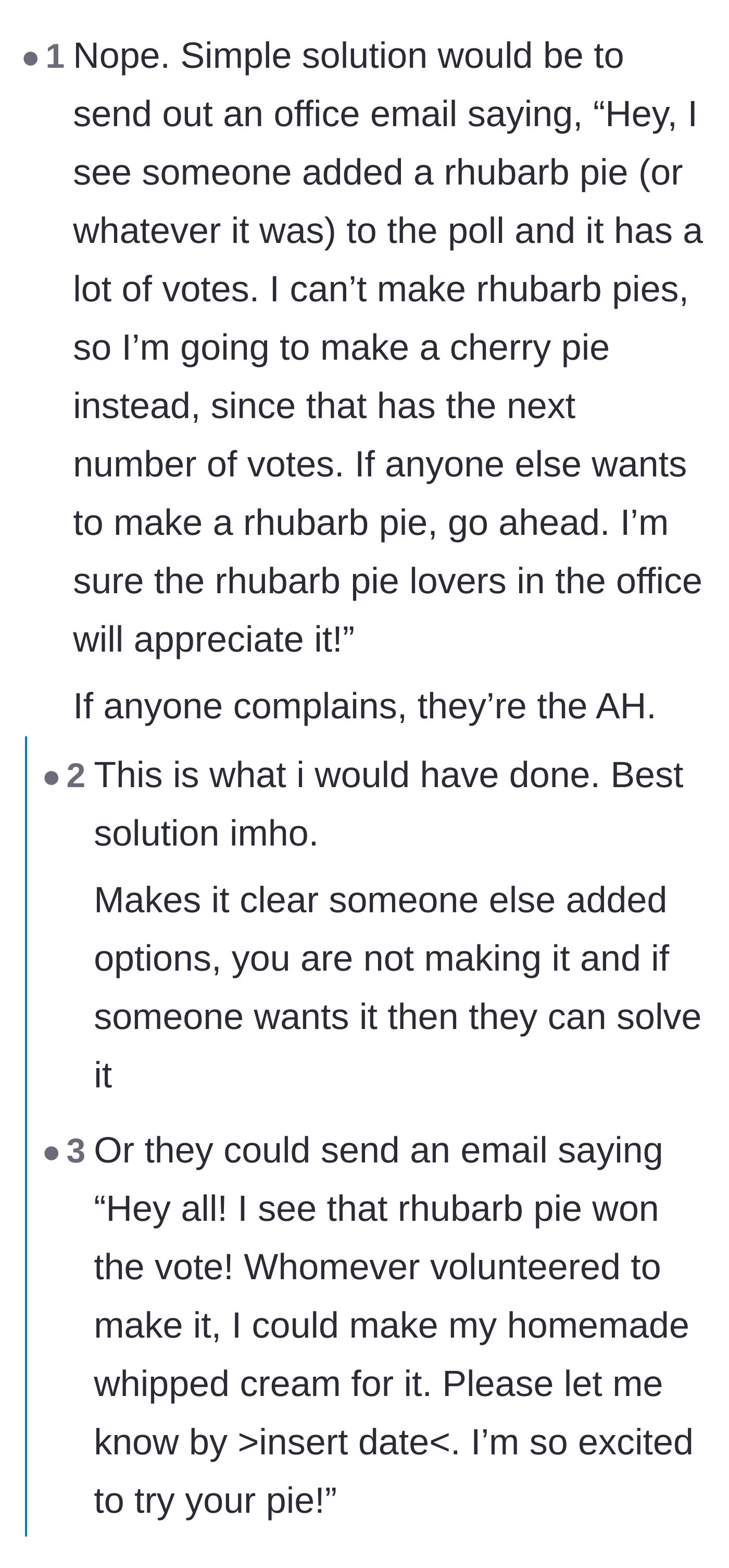 Comment thread 2 - A debate over sending an office-wide email spirals into jokes about workplace phrasing and banana pie