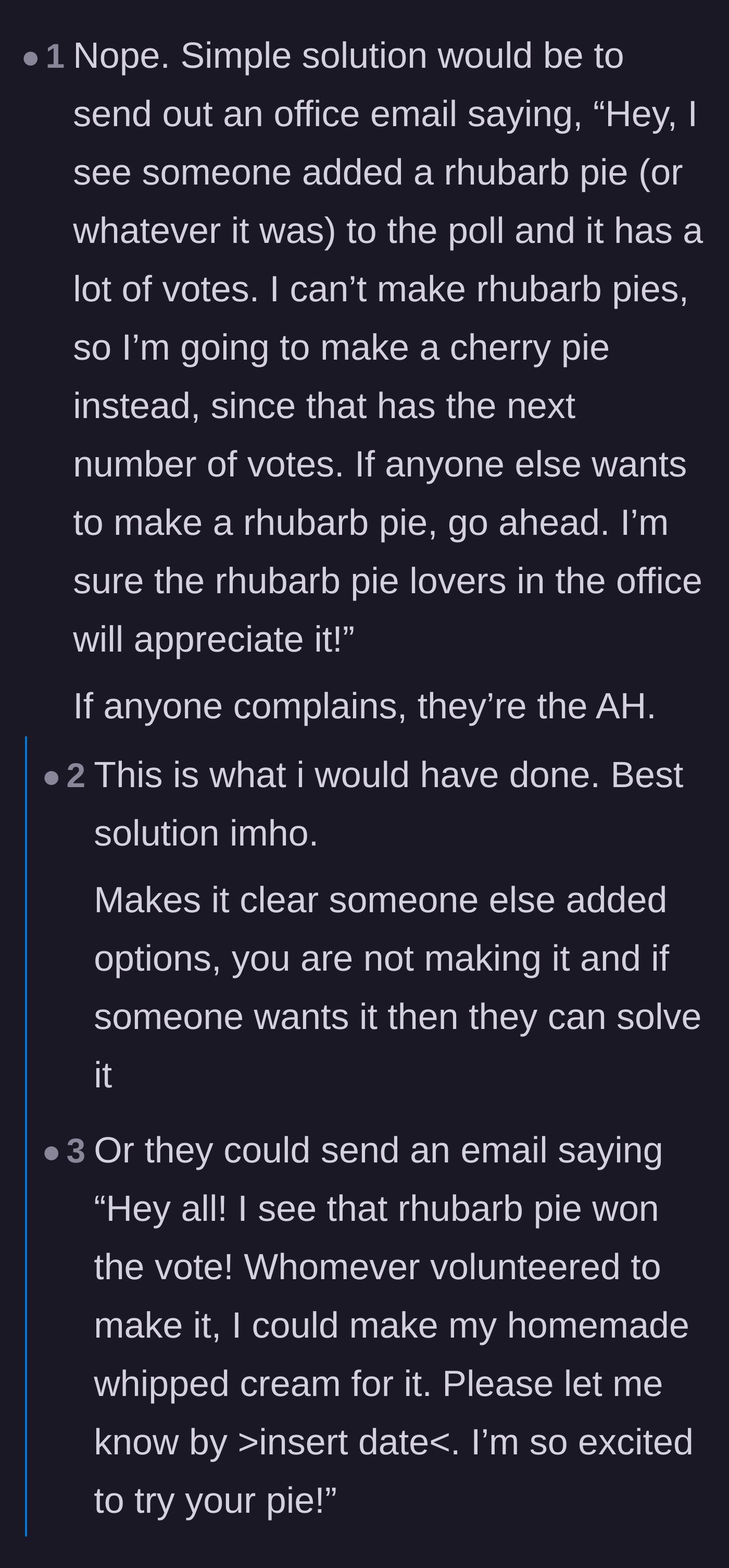 Comment thread 2 - A debate over sending an office-wide email spirals into jokes about workplace phrasing and banana pie