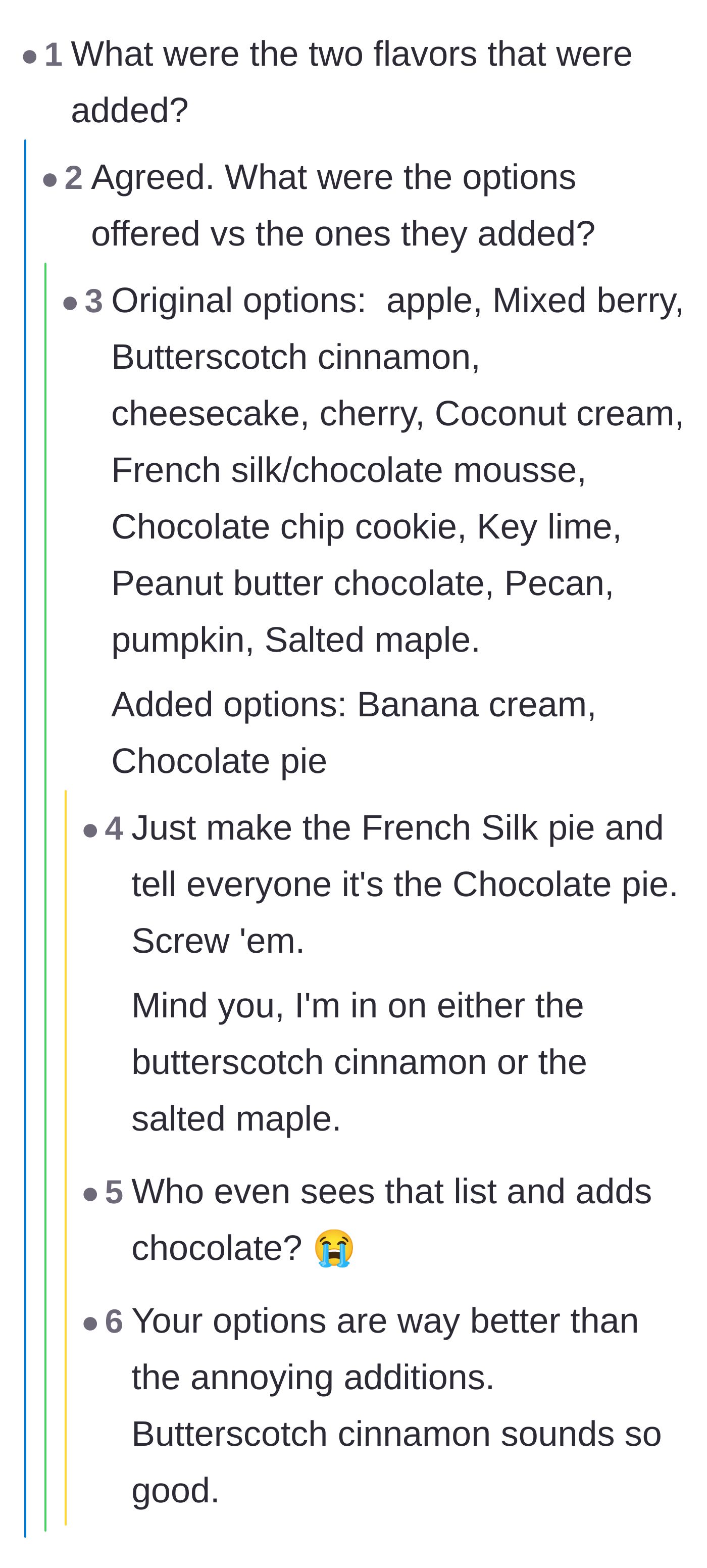 Comment thread 4 - The baker reveals the full list of 13 gourmet pie flavors and the redundant write-in additions