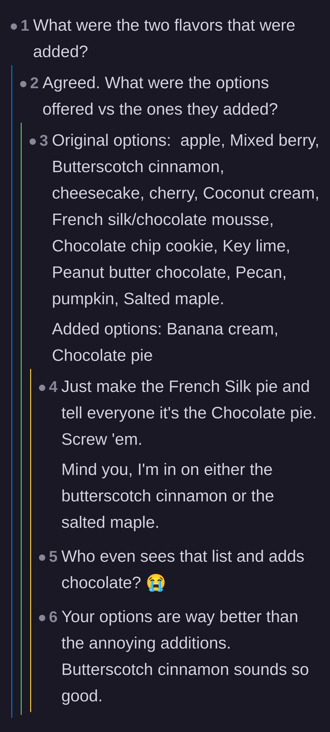 Comment thread 4 - The baker reveals the full list of 13 gourmet pie flavors and the redundant write-in additions