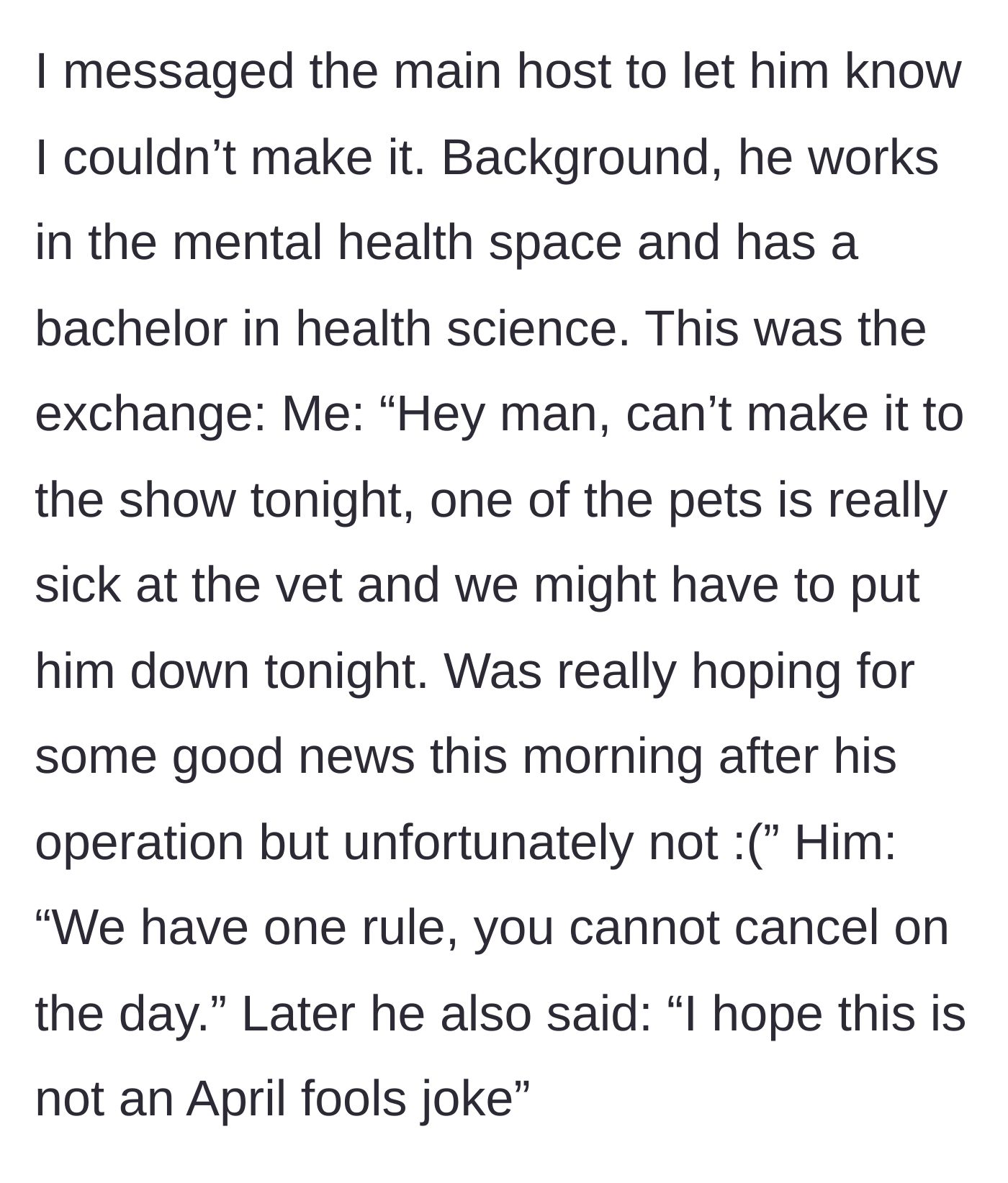 Story part 2 - The text exchange where the main host coldly enforces a no-cancellation rule and accuses the co-host of making an April Fools joke.