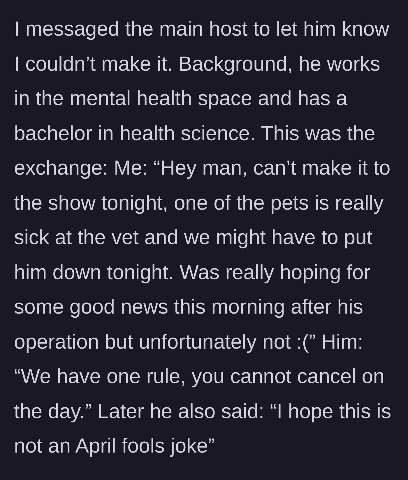 Story part 2 - The text exchange where the main host coldly enforces a no-cancellation rule and accuses the co-host of making an April Fools joke.