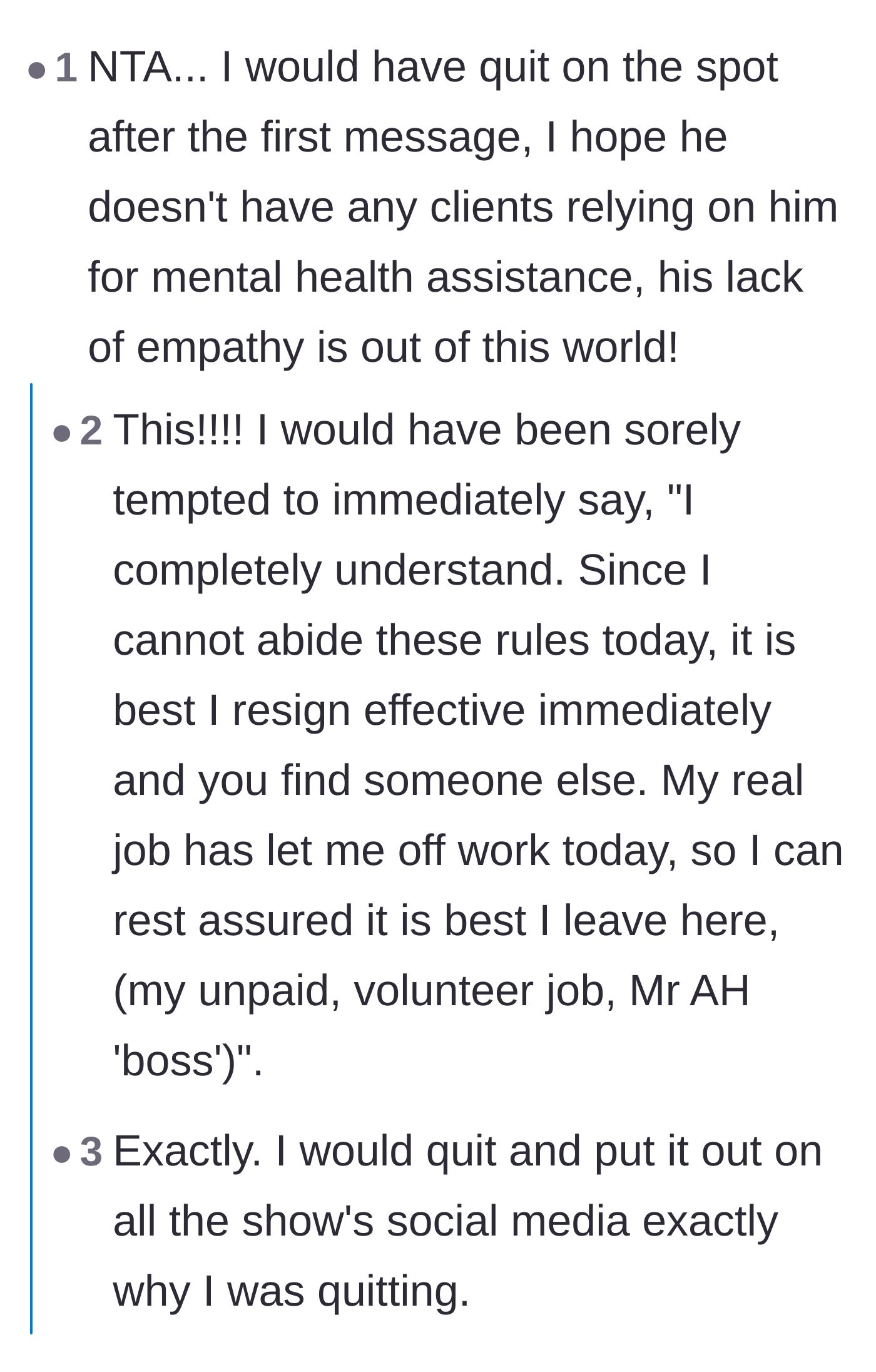Comment thread 1 - Advice on quitting immediately and using the show's social media accounts to expose the host.