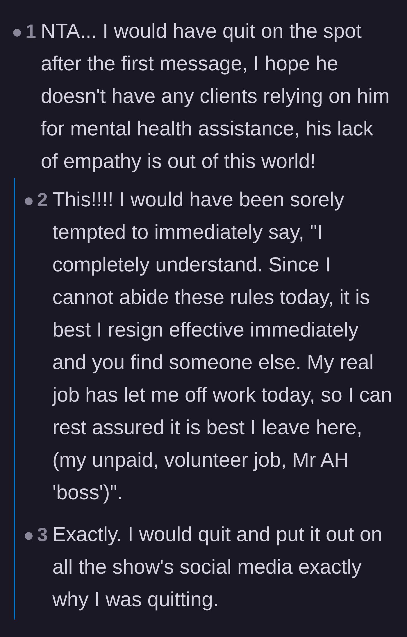 Comment thread 1 - Advice on quitting immediately and using the show's social media accounts to expose the host.