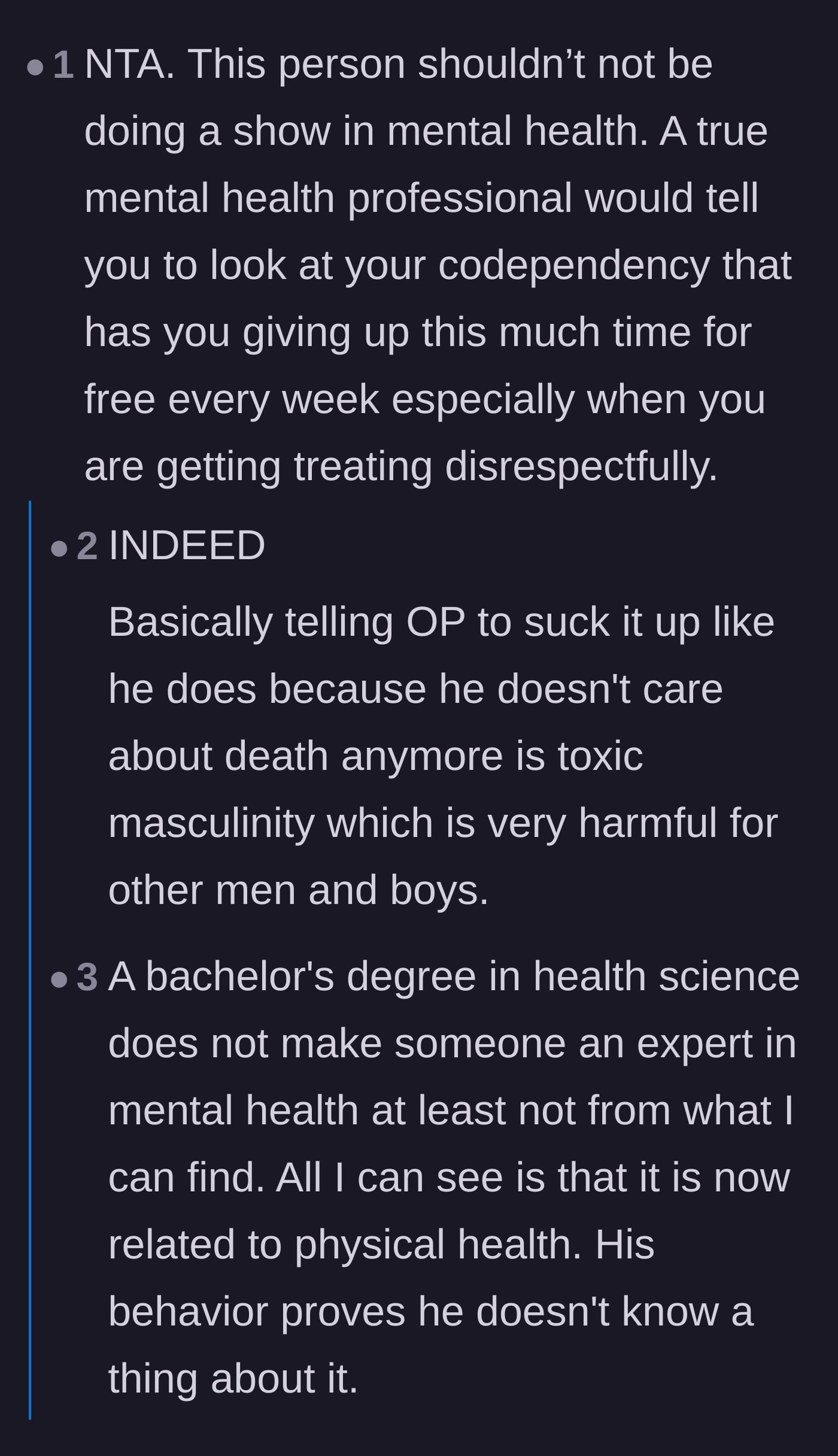 Comment thread 3 - Analyzing the host's lack of real credentials and the volunteer's codependency.