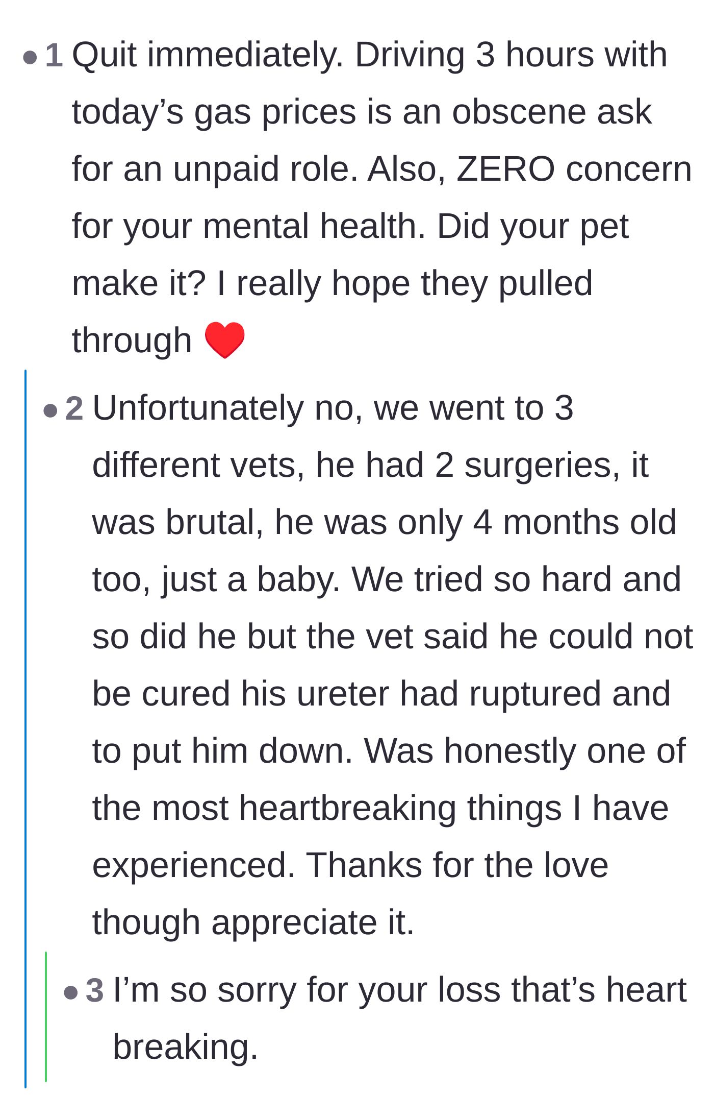 Comment thread 4 - Outrage over the commute costs and sympathy for the tragic death of the young pet.