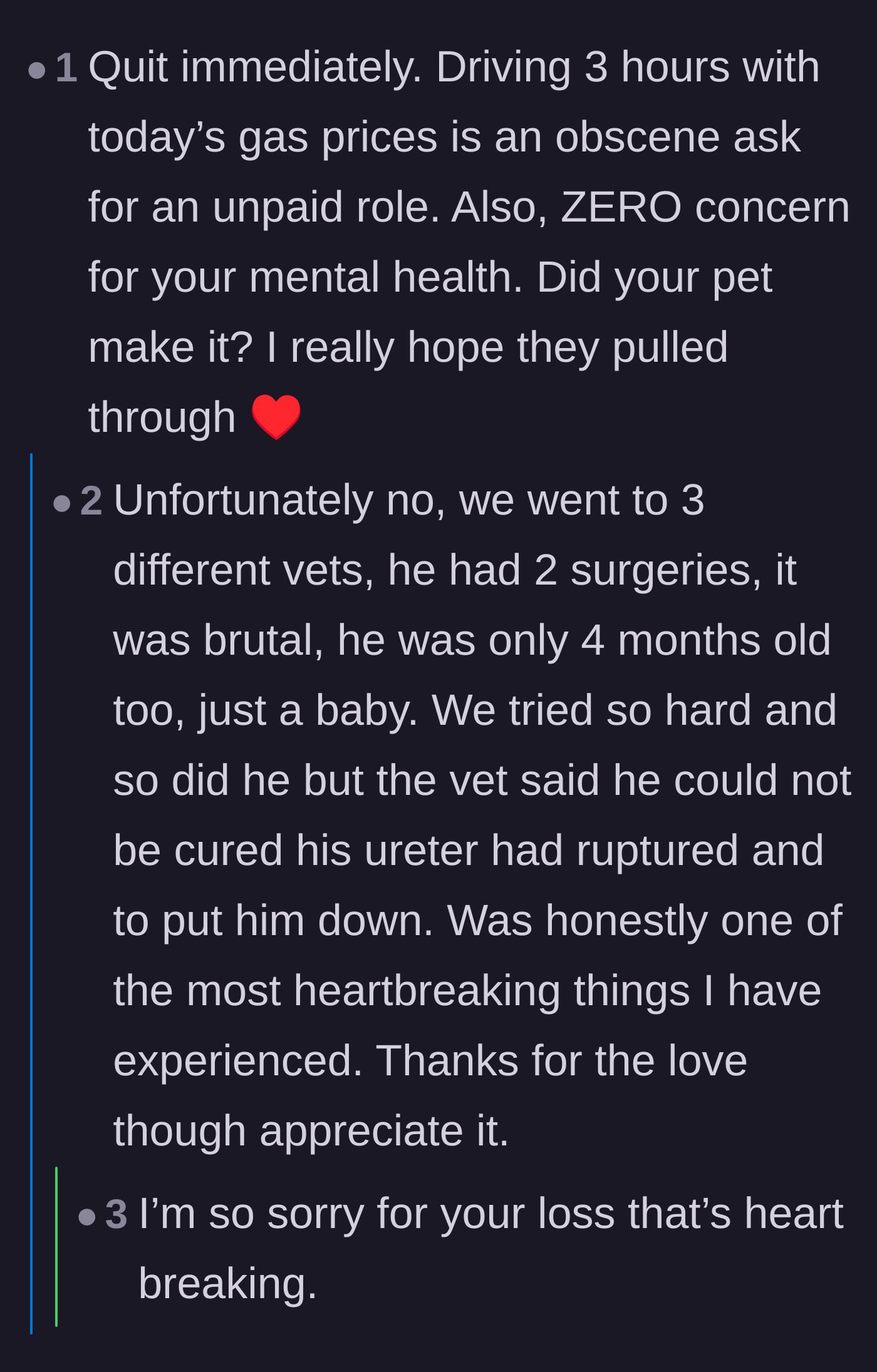 Comment thread 4 - Outrage over the commute costs and sympathy for the tragic death of the young pet.
