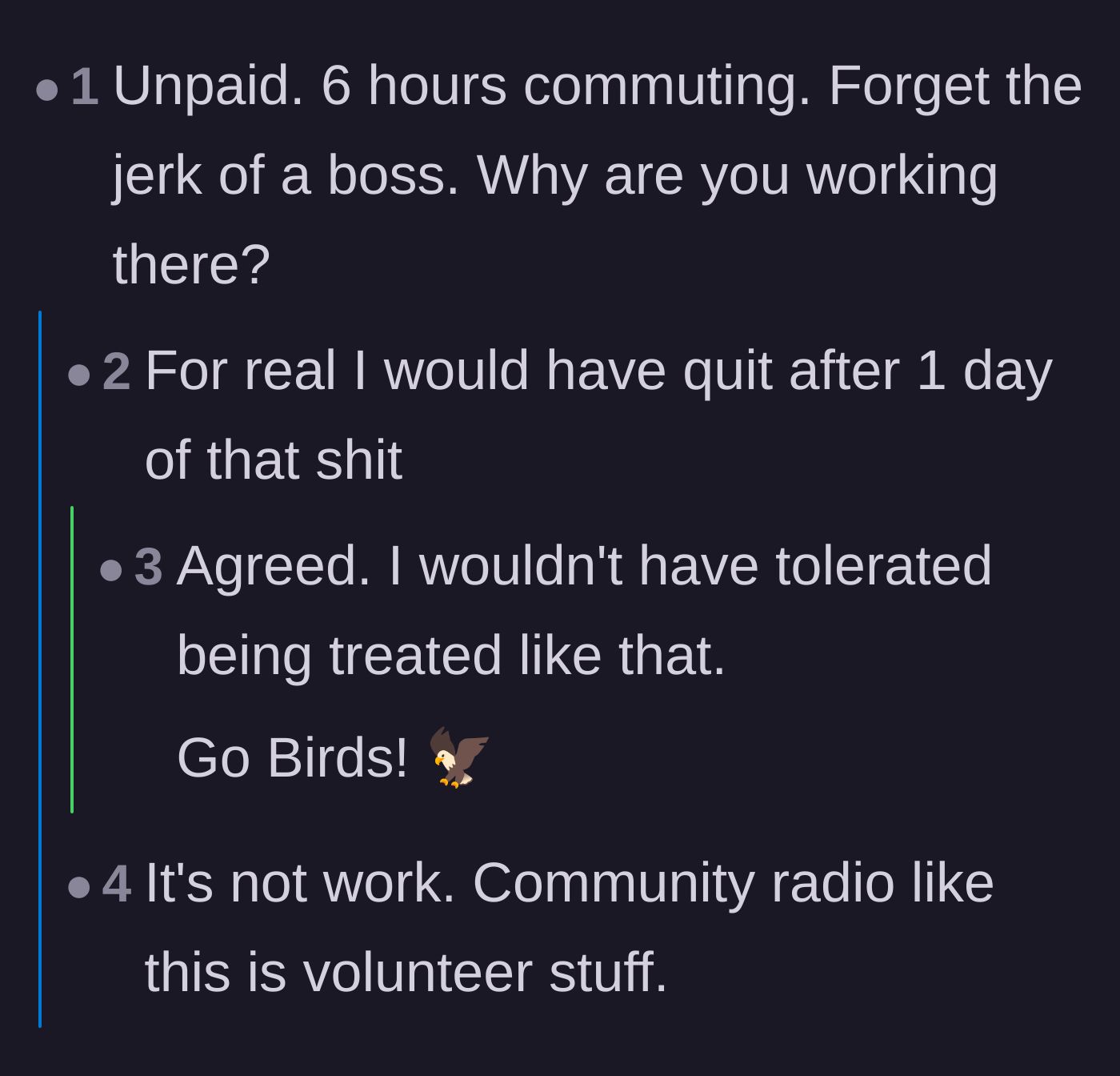 Comment thread 5 - Disbelief at the economic absurdity of commuting six hours for volunteer work.