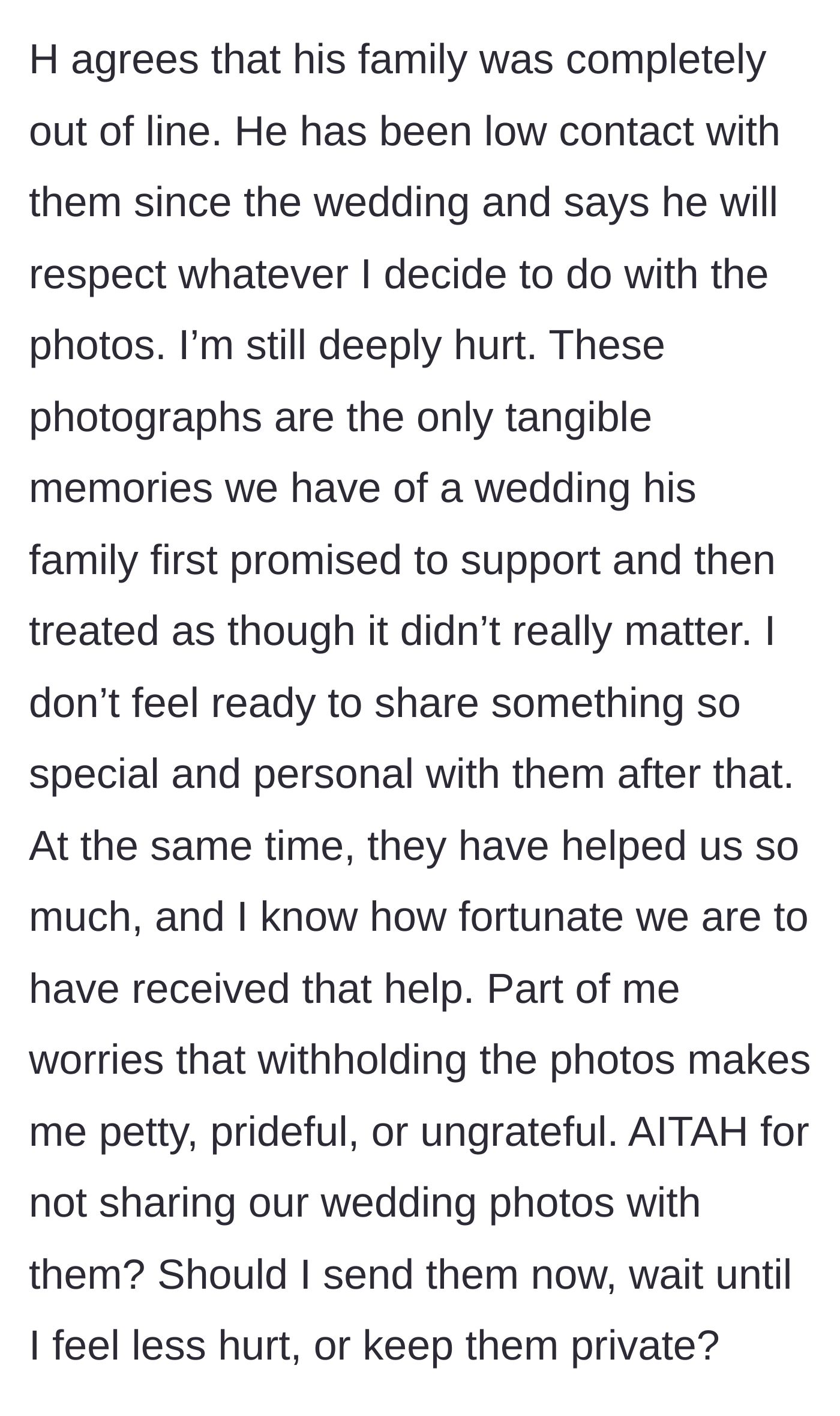 Story part 11 - Husband goes low contact, and bride refuses to show the photos to the in-laws who dismissed the wedding.