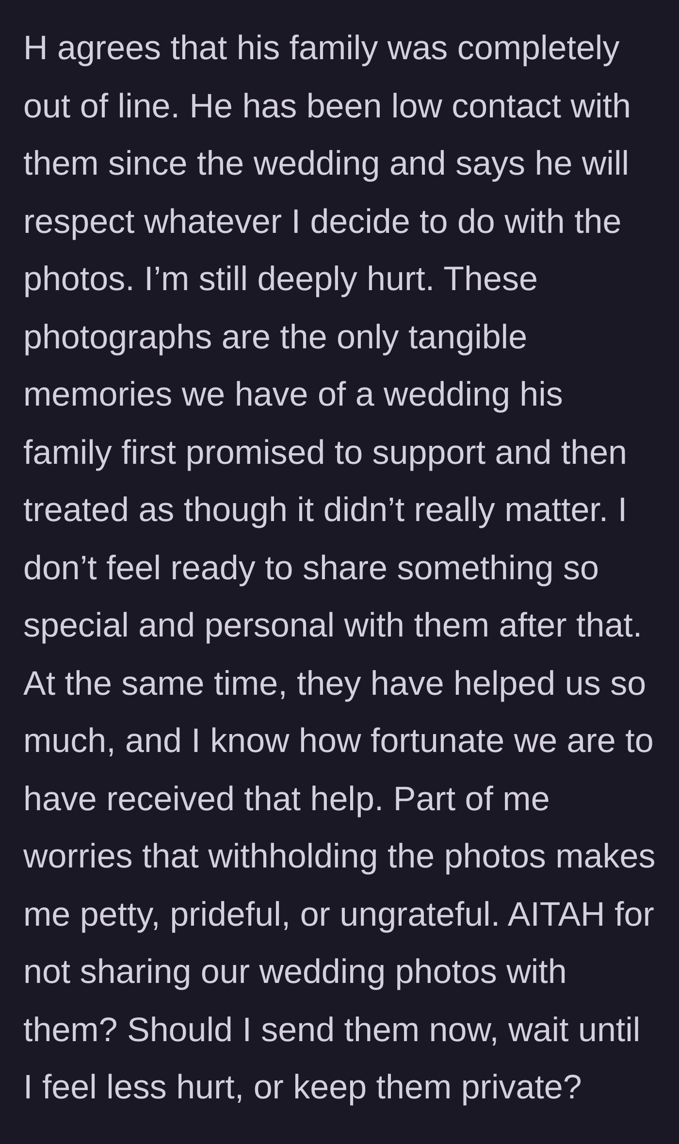 Story part 11 - Husband goes low contact, and bride refuses to show the photos to the in-laws who dismissed the wedding.