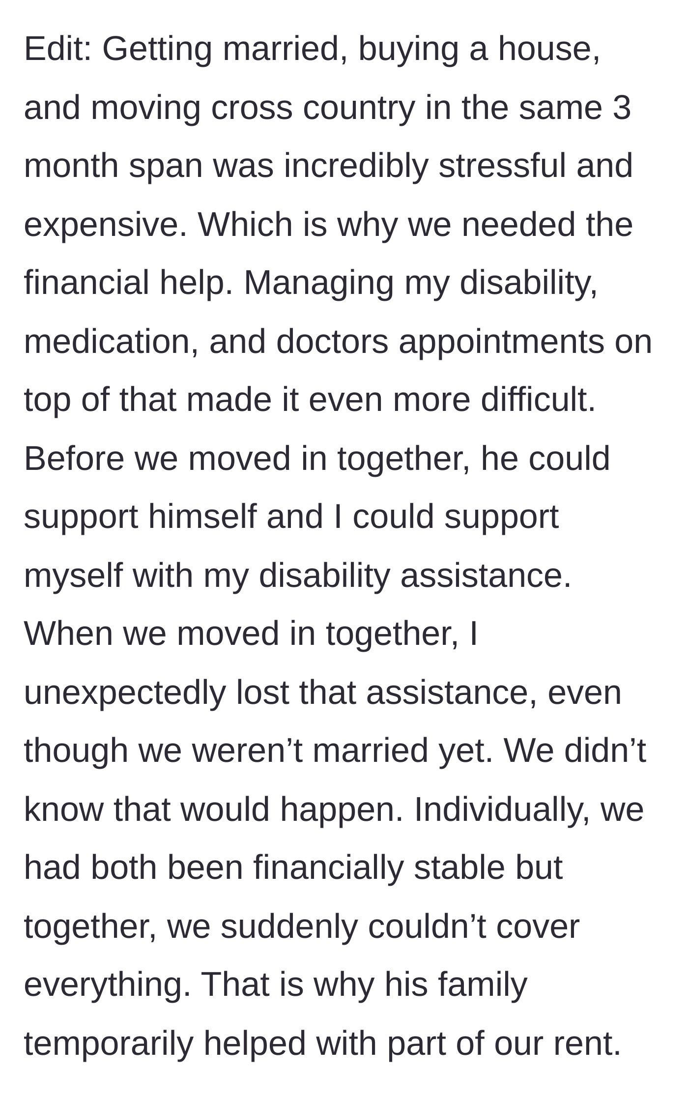 Story part 12 - Bride explains the extreme stress of moving, managing her disability, and losing her income.