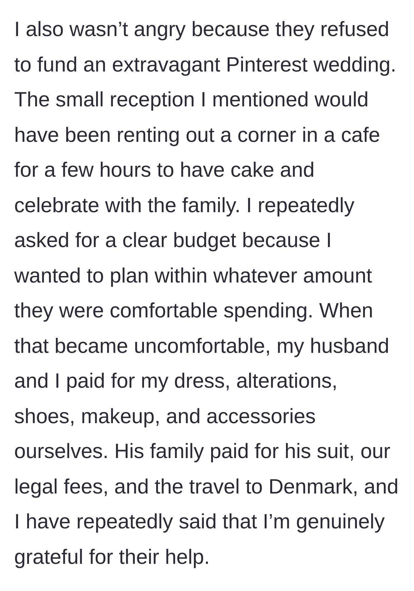 Story part 14 - Bride clarifies she didn't want an extravagant wedding and just wanted transparency.