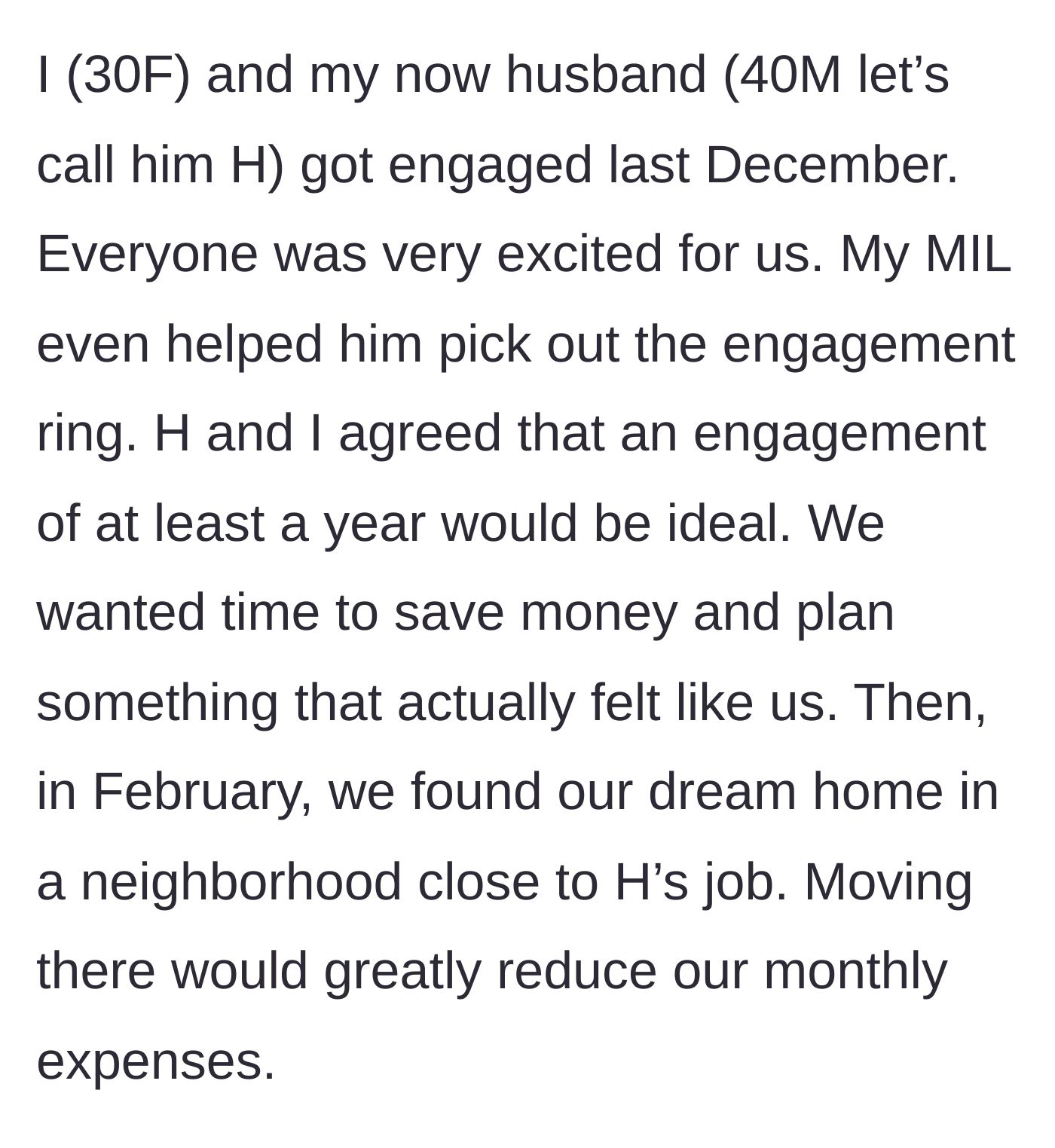 Story part 1 - The couple gets engaged and finds their dream home to save money.