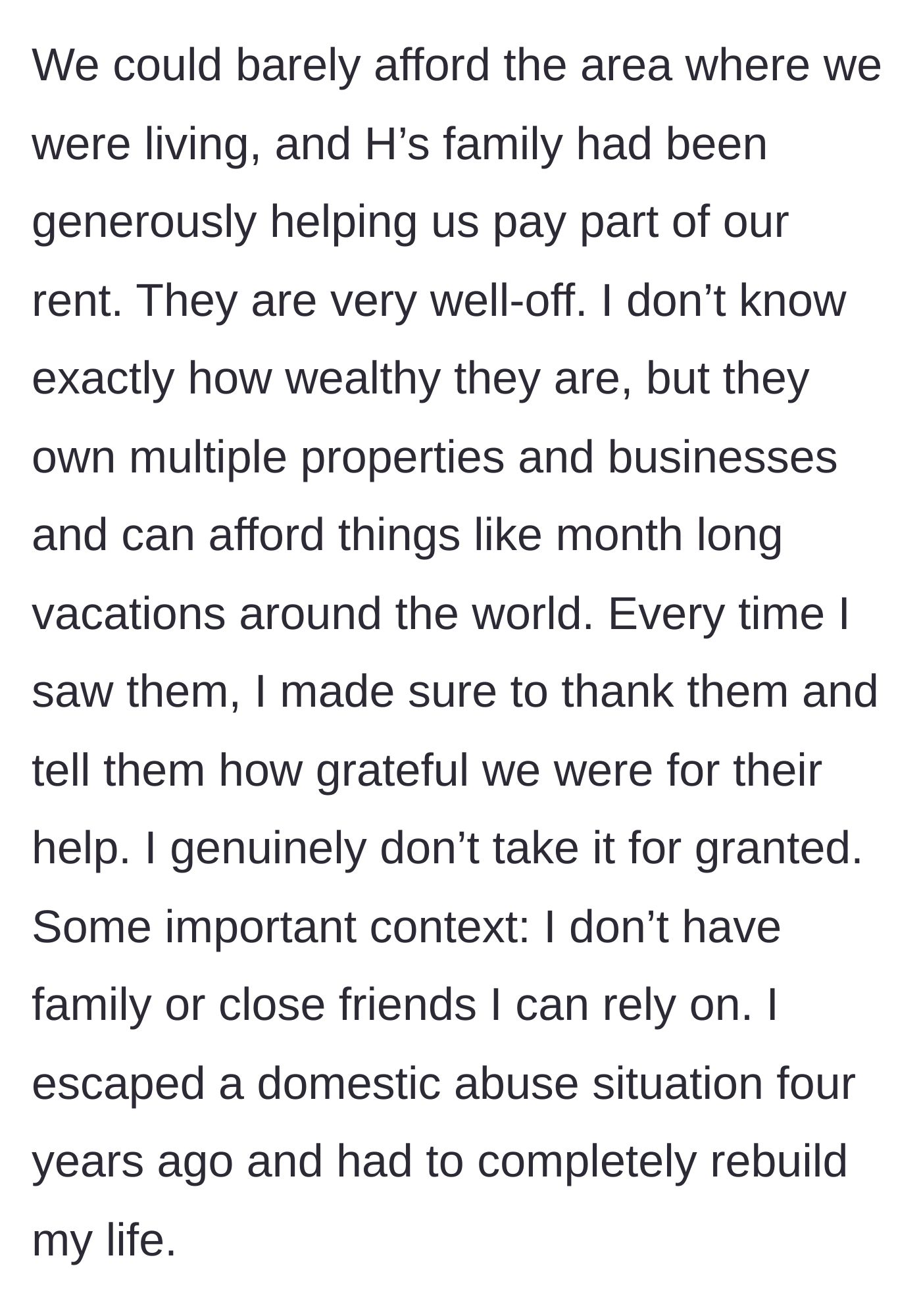 Story part 2 - Bride explains her past domestic abuse and current reliance on wealthy in-laws.