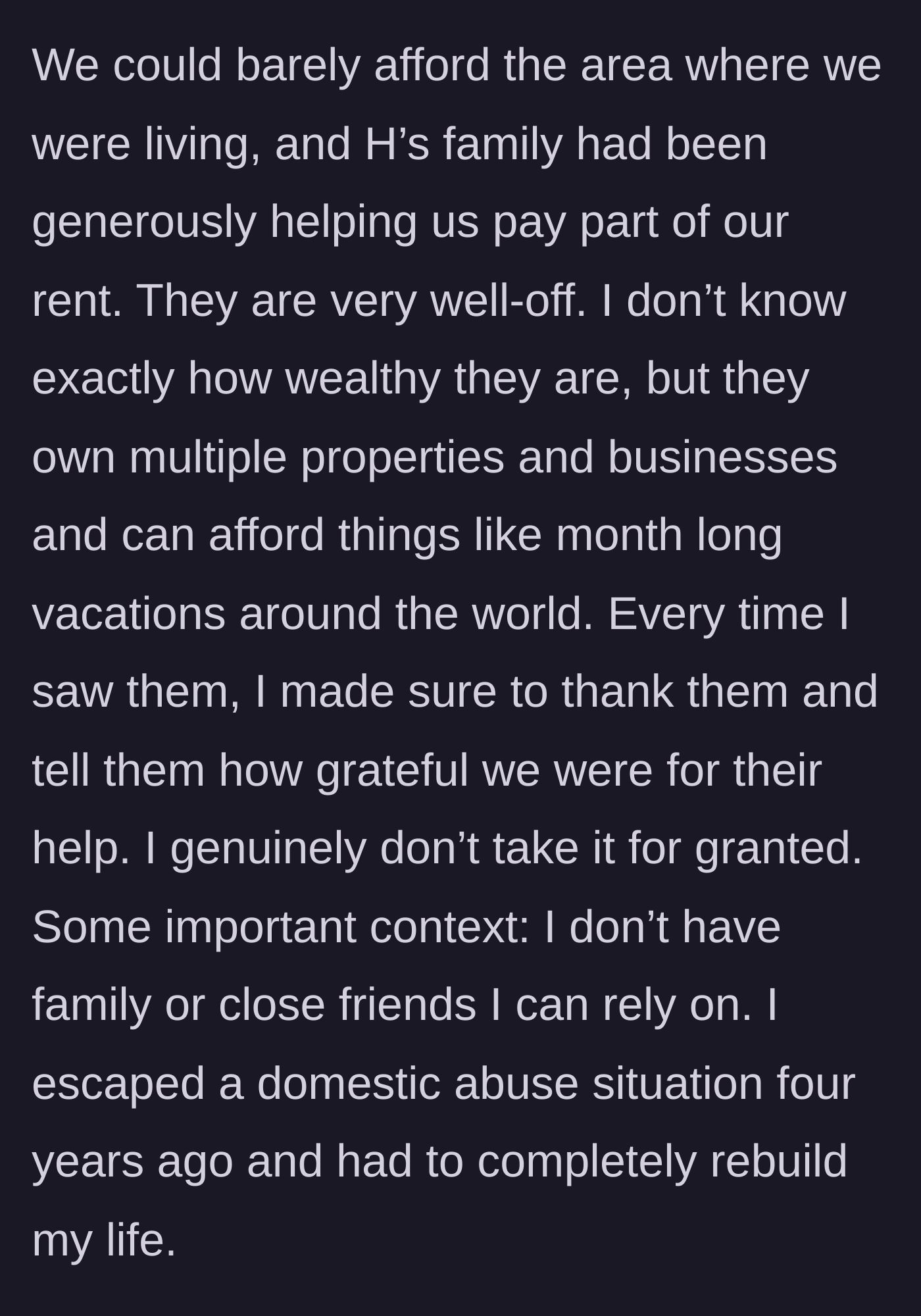 Story part 2 - Bride explains her past domestic abuse and current reliance on wealthy in-laws.