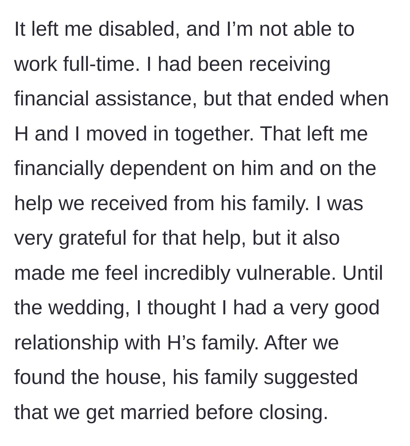 Story part 3 - Bride loses her disability assistance after moving in together, creating financial dependence.