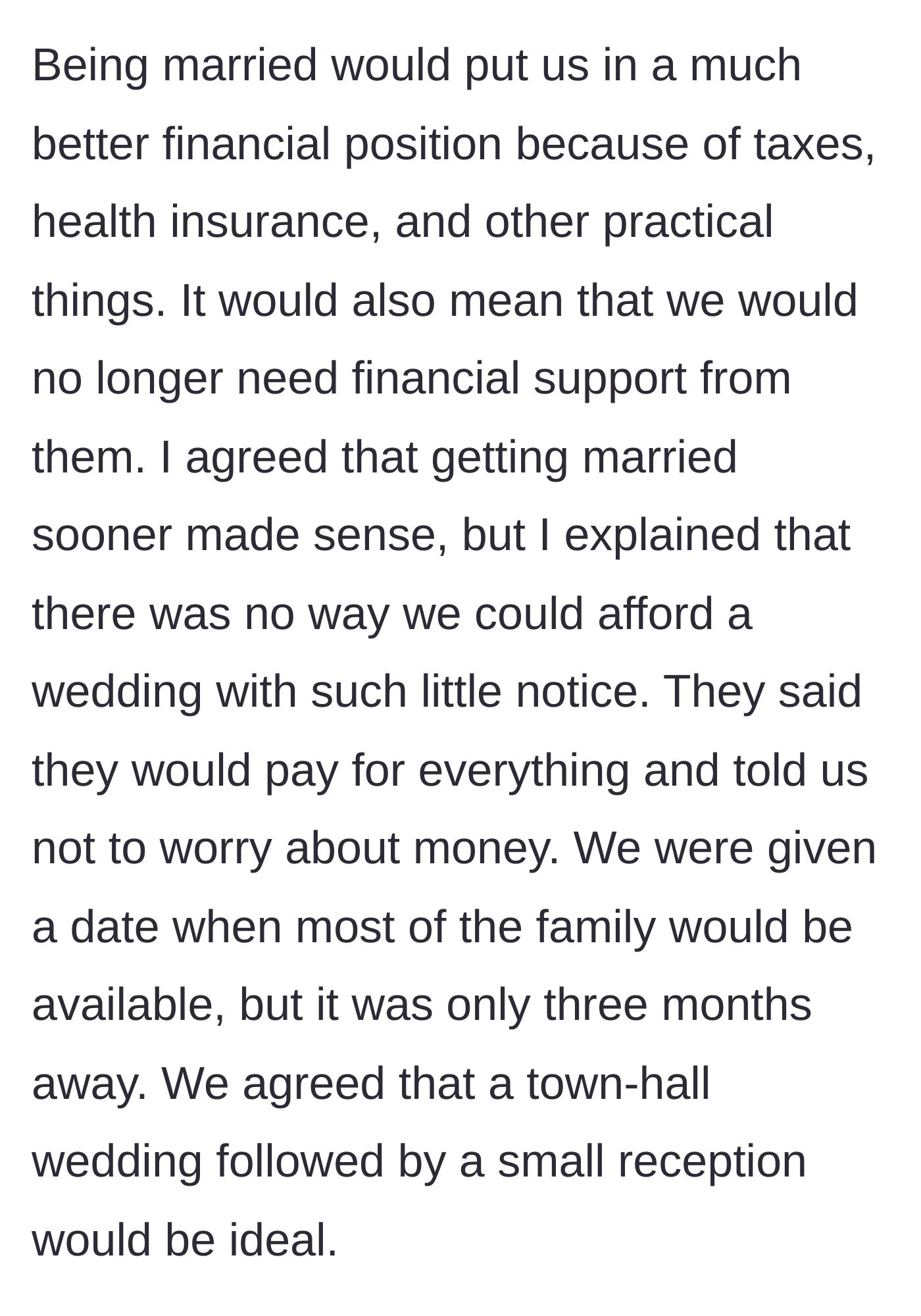 Story part 4 - In-laws pressure the couple to marry in three months for financial independence.