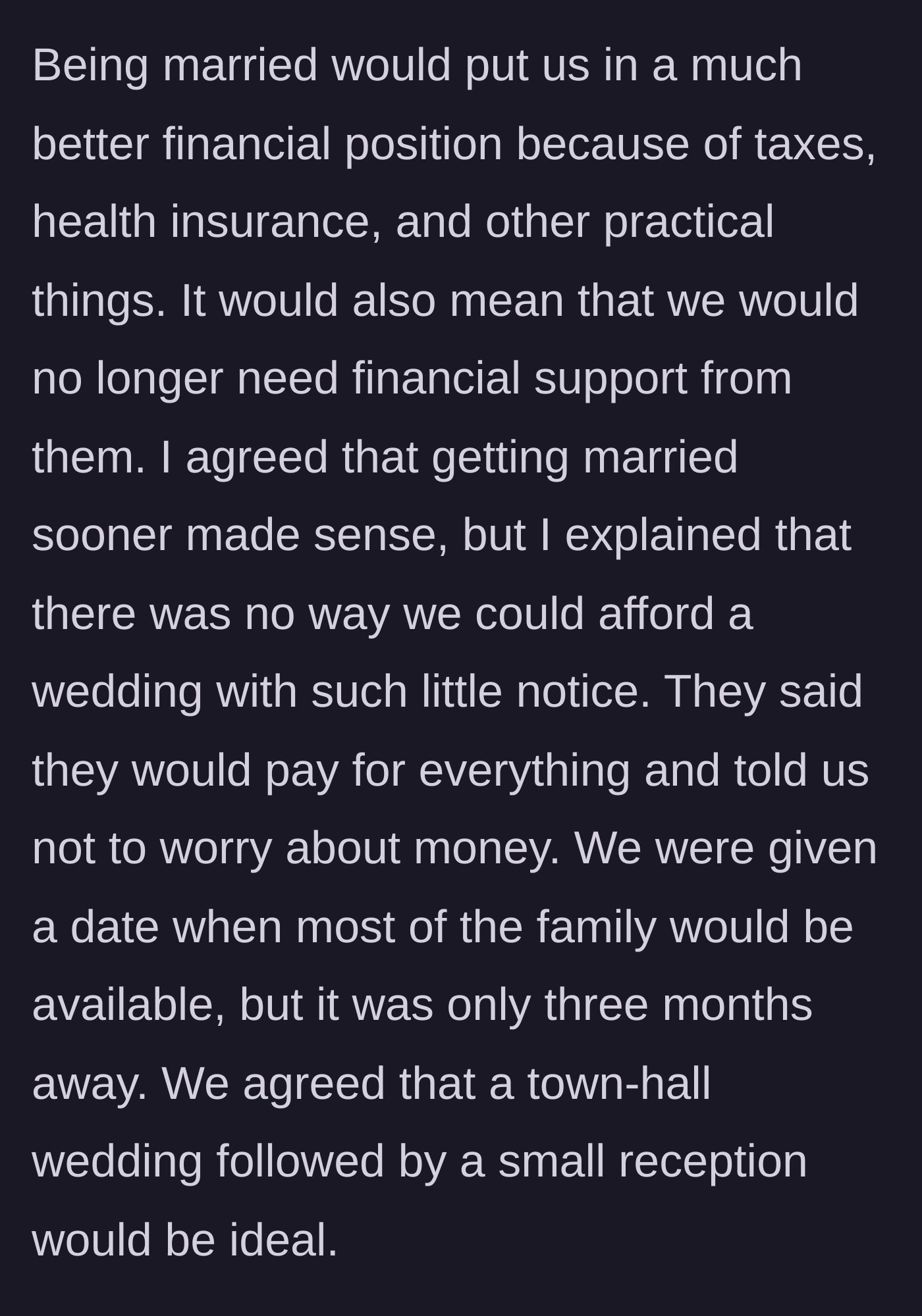 Story part 4 - In-laws pressure the couple to marry in three months for financial independence.