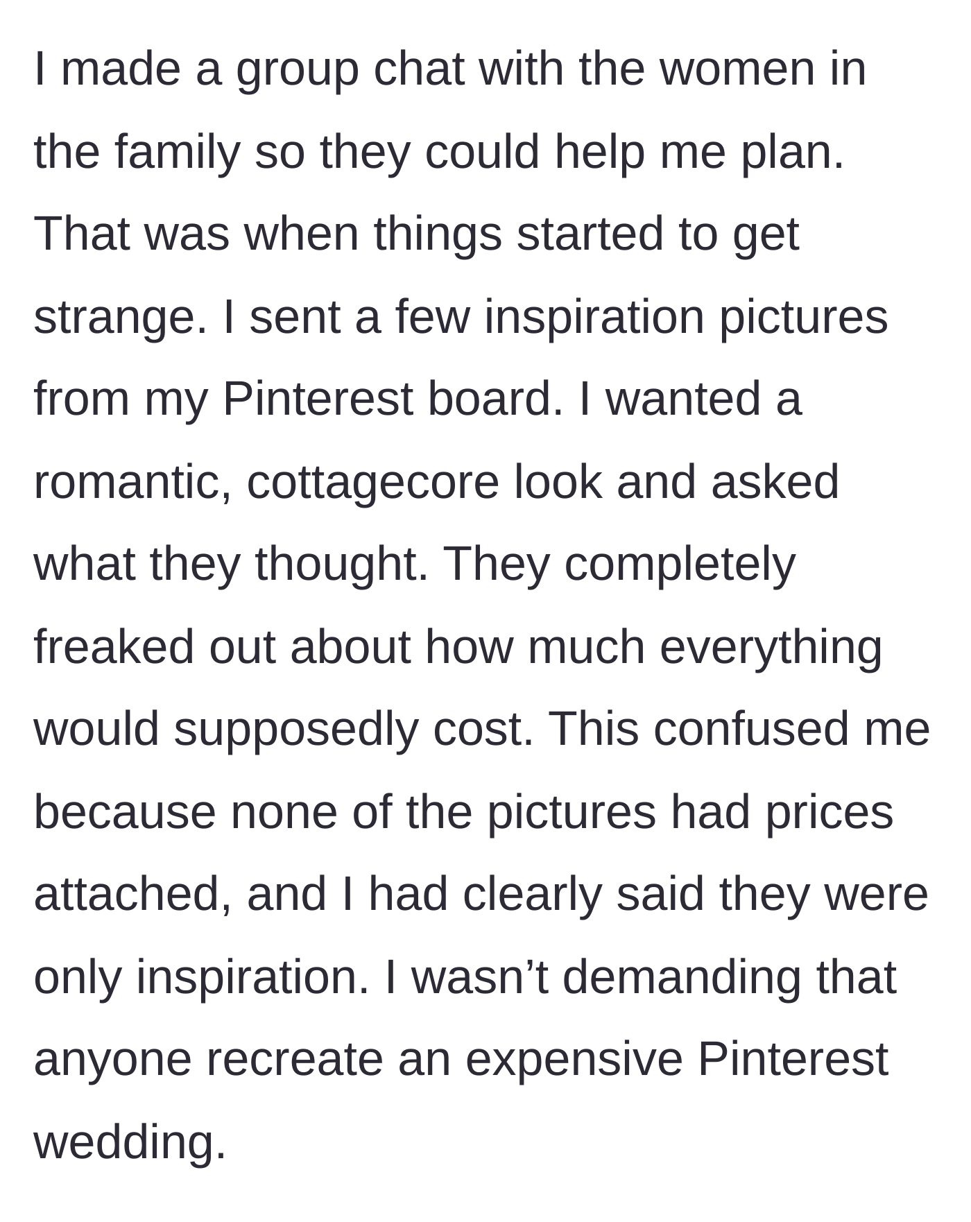 Story part 5 - Bride shares cottagecore Pinterest ideas and in-laws freak out over imaginary costs.