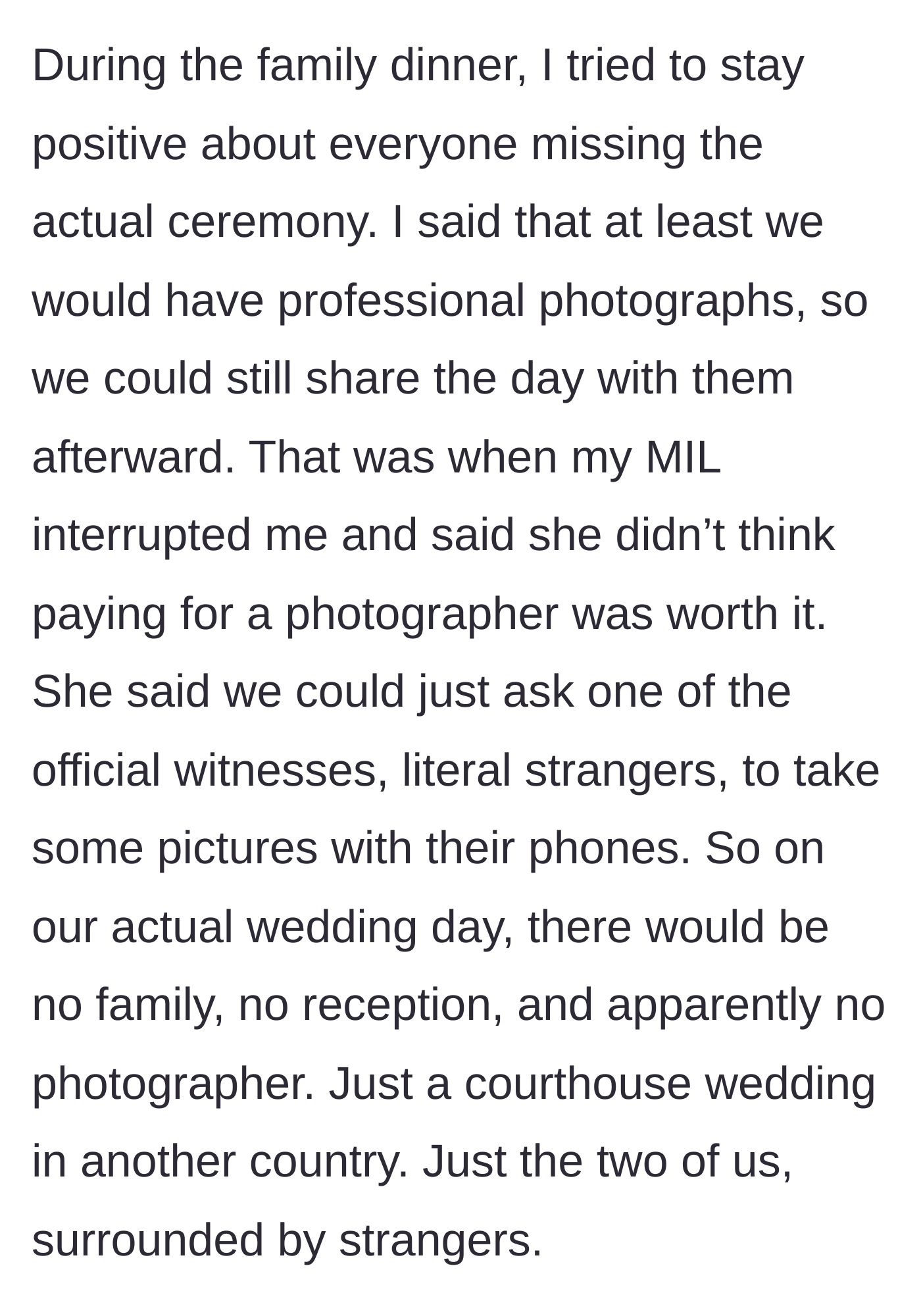 Story part 8 - MIL says a photographer isn't worth it and suggests strangers use phones to take pictures.
