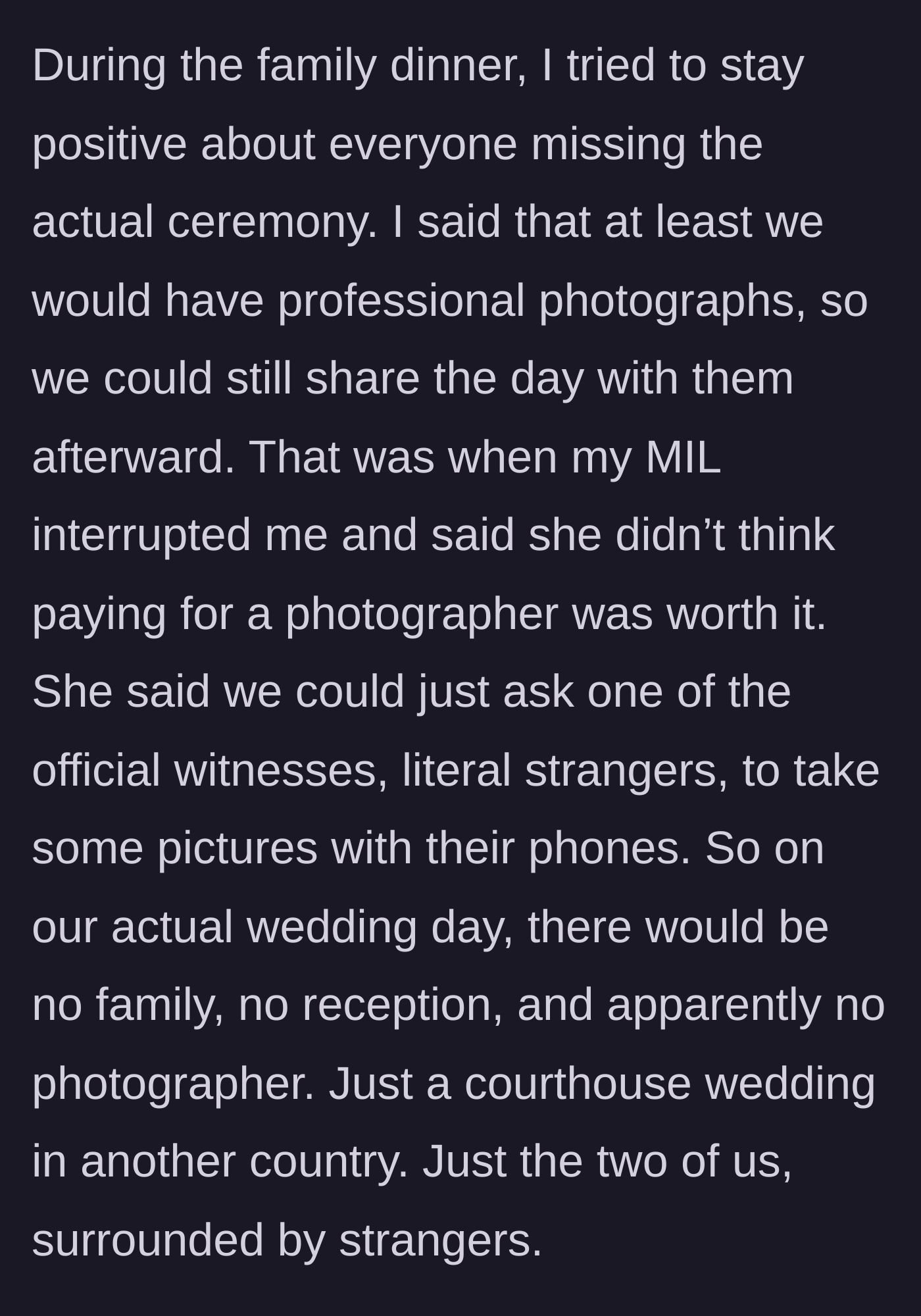 Story part 8 - MIL says a photographer isn't worth it and suggests strangers use phones to take pictures.