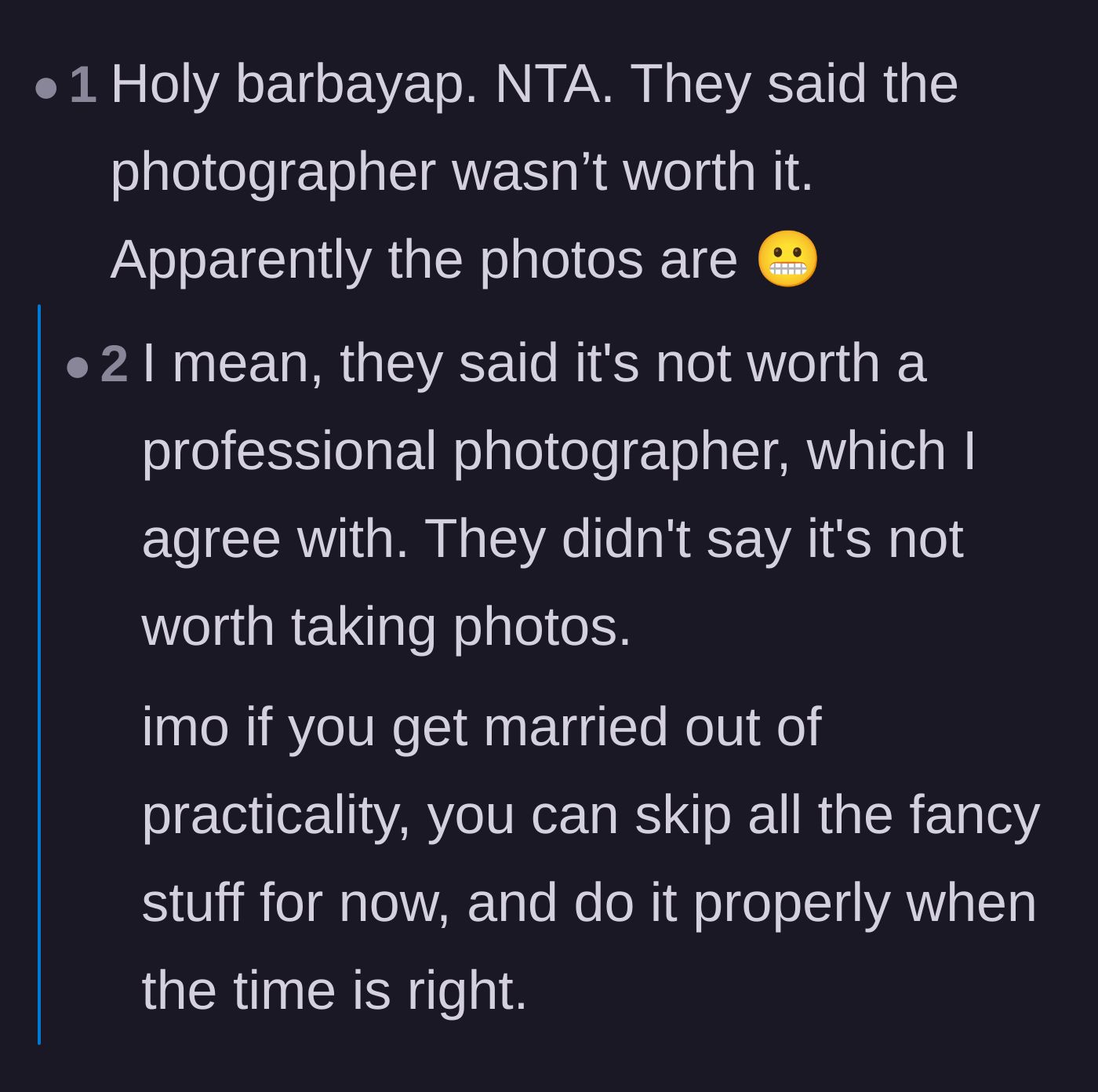 Comment thread 3 - Pointing out the irony that the family wants photos after refusing to pay for a professional photographer.