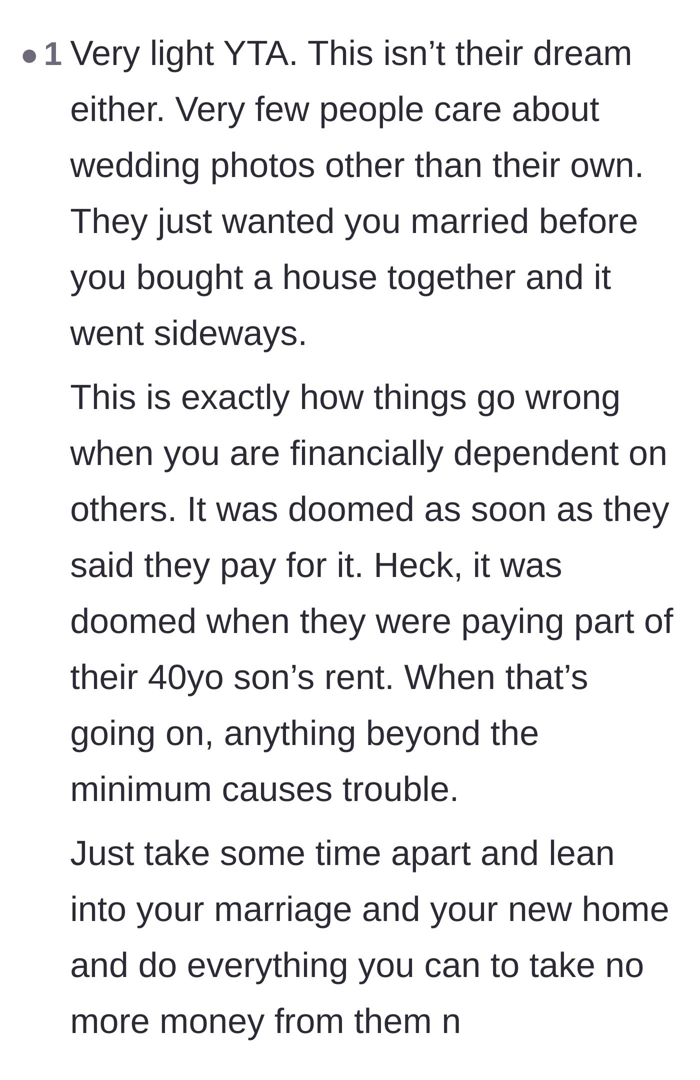 Comment thread 5 - A nuanced take explaining that the drama was inevitable once the couple accepted financial support for the wedding.