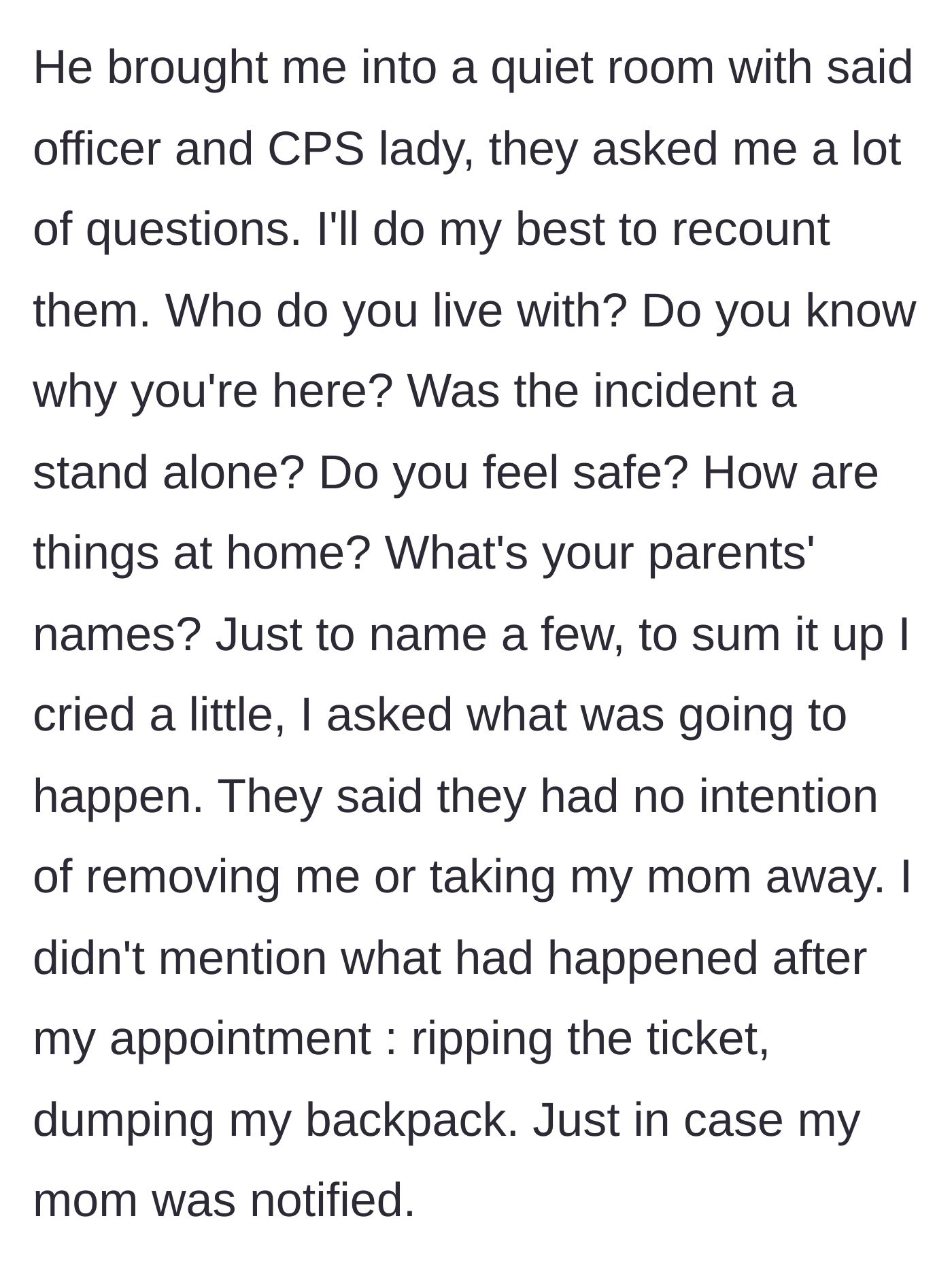 Story part 2 - A terrified teenage girl sitting in a quiet room crying while being interviewed by a social worker and a police officer.