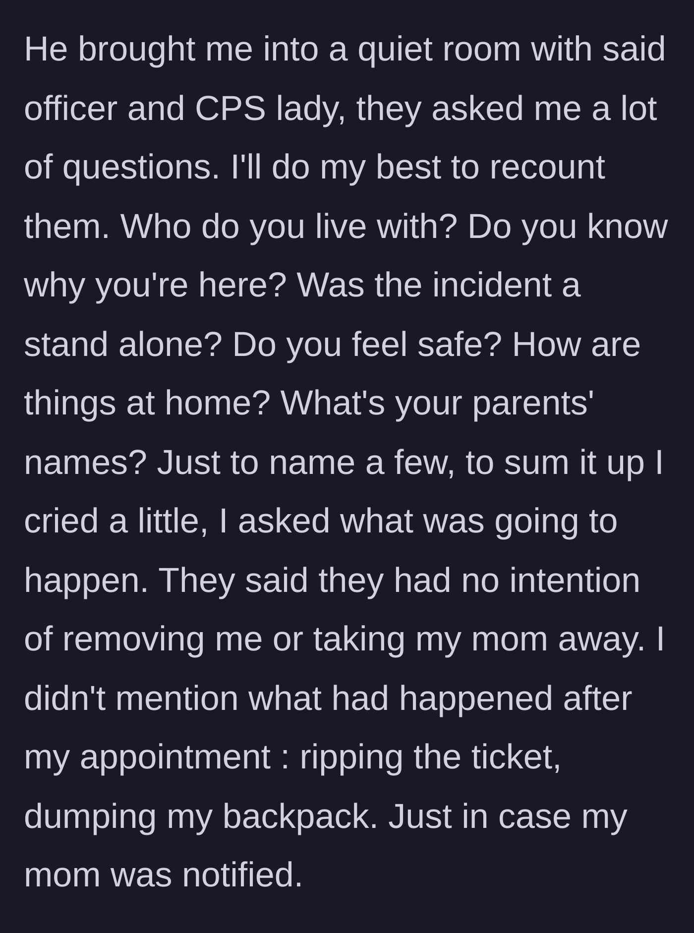 Story part 2 - A terrified teenage girl sitting in a quiet room crying while being interviewed by a social worker and a police officer.