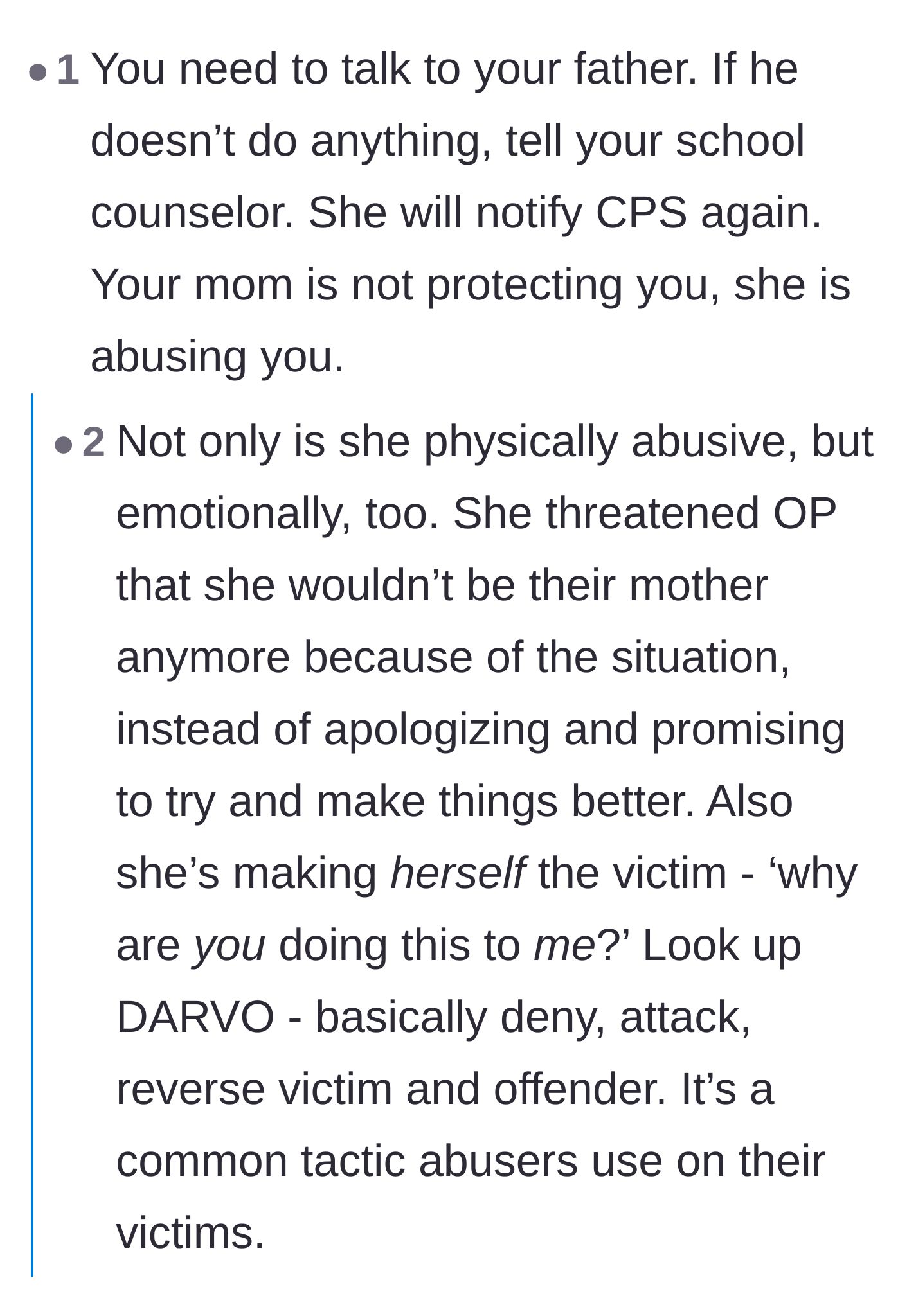 Comment thread 1 - Advice explaining the psychological manipulation tactic DARVO and urging the teenager to report the abuse.