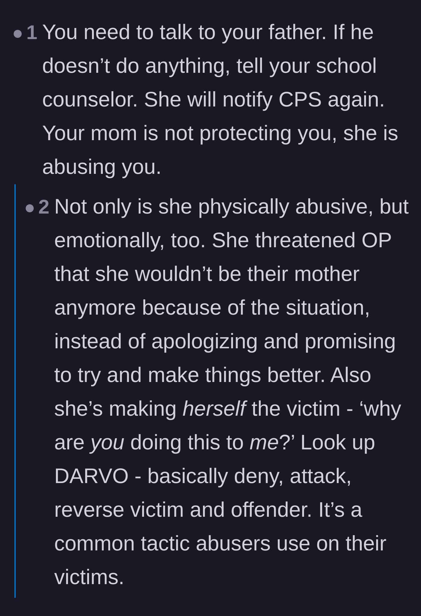 Comment thread 1 - Advice explaining the psychological manipulation tactic DARVO and urging the teenager to report the abuse.